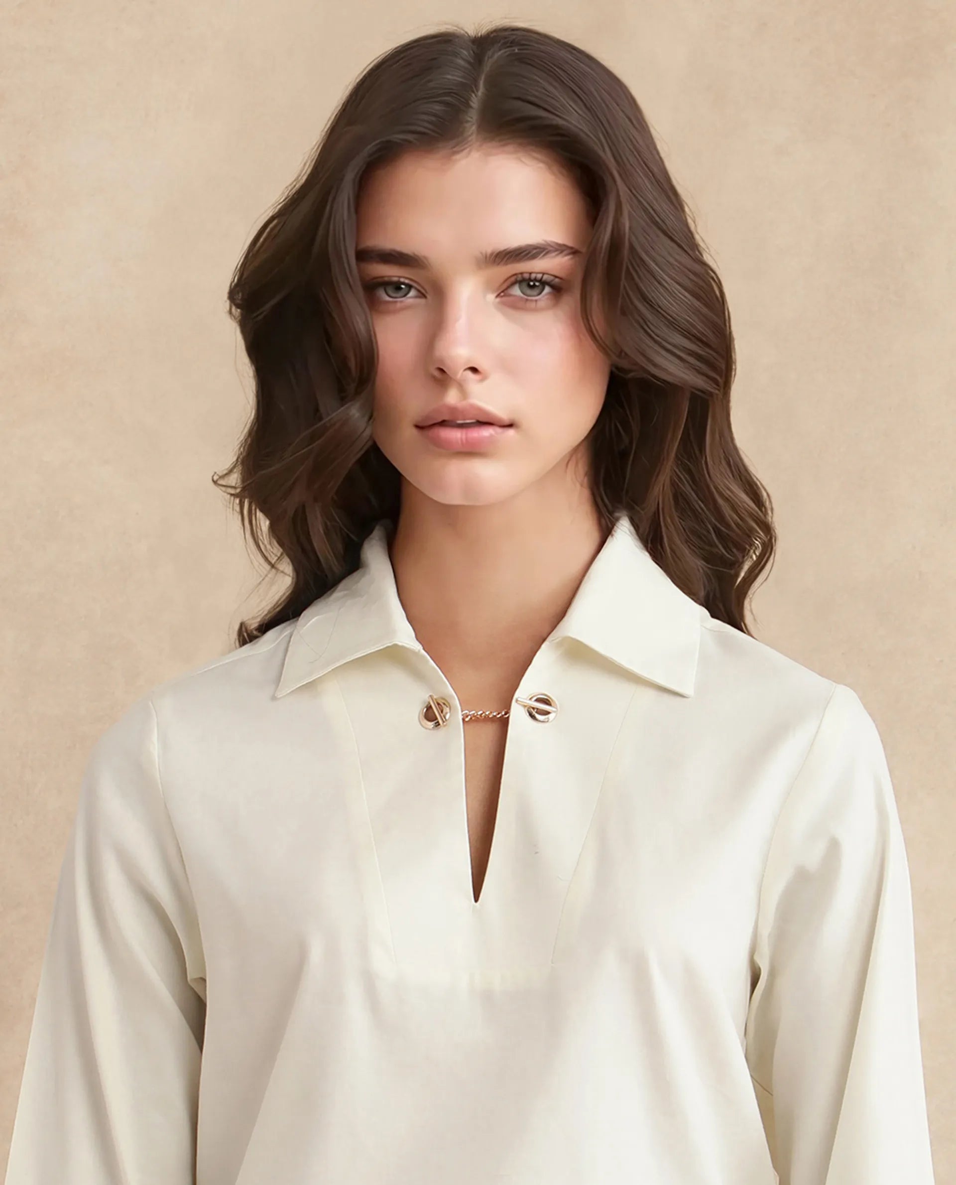 Rareism Women Ronwok Off White Modal Fabric Regular Sleeve Collared Neck Regular Fit Plain Top