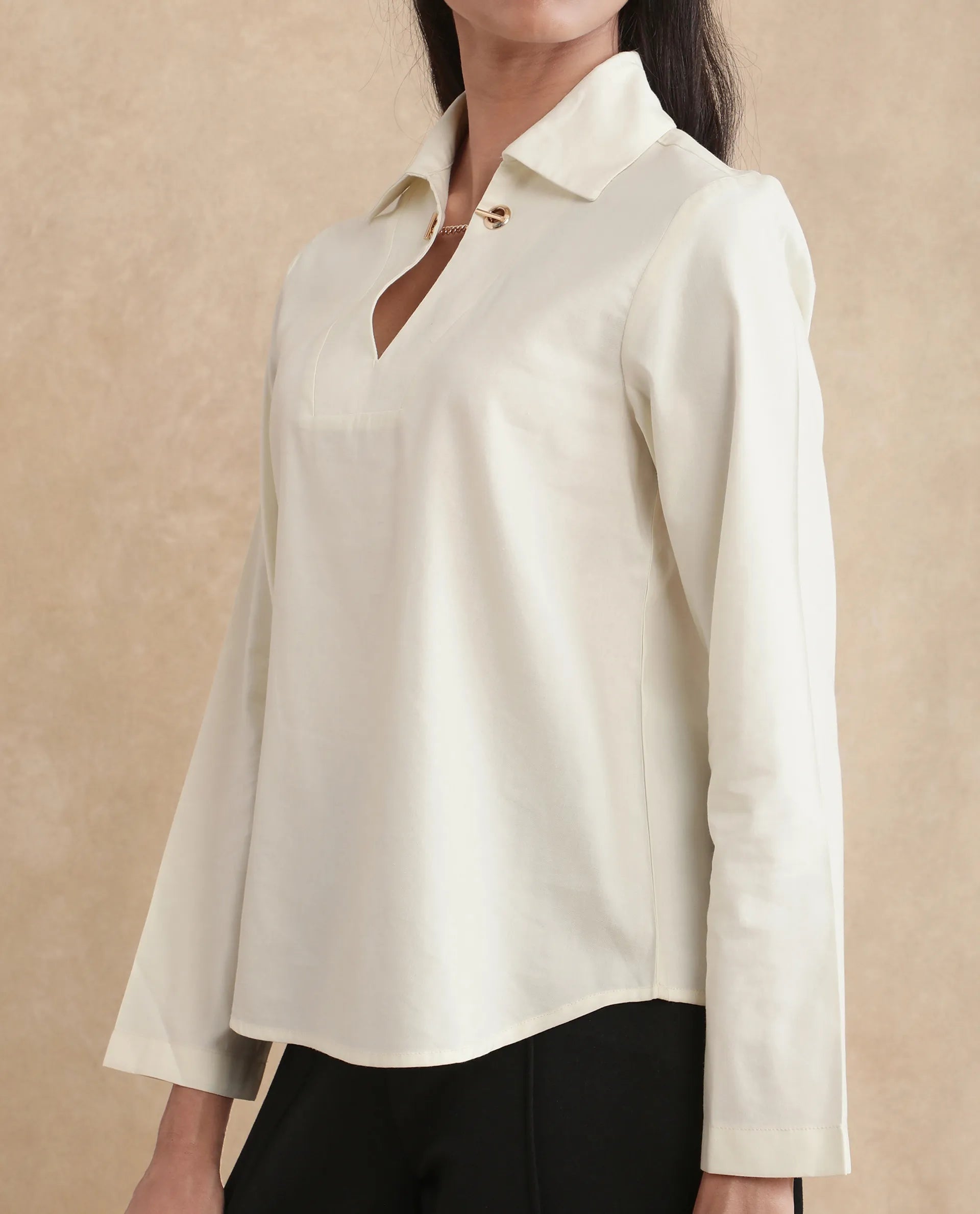 Rareism Women Ronwok Off White Modal Fabric Regular Sleeve Collared Neck Regular Fit Plain Top