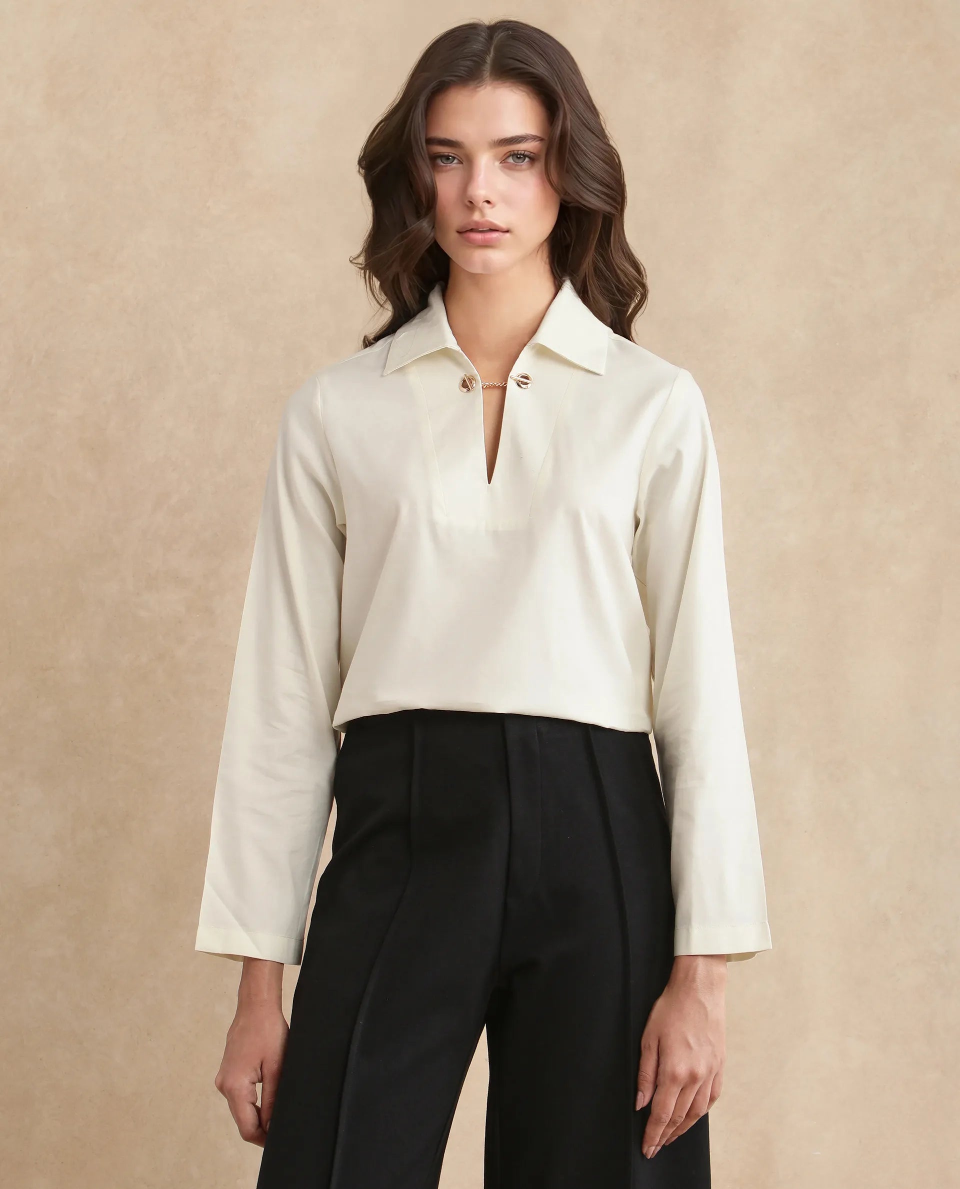 Rareism Women Ronwok Off White Modal Fabric Regular Sleeve Collared Neck Regular Fit Plain Top