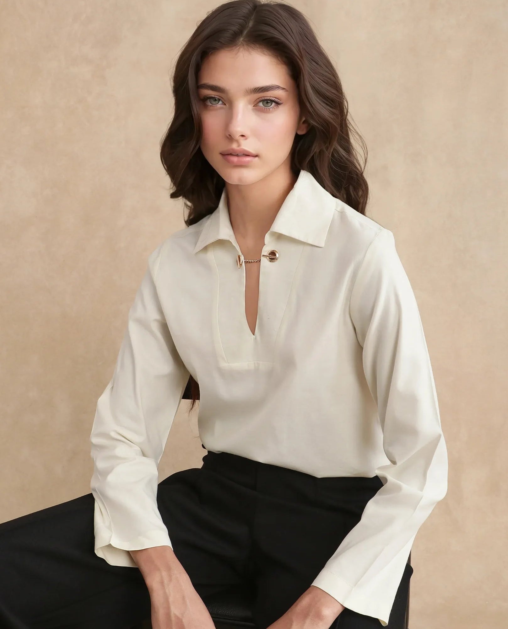 Rareism Women Ronwok Off White Modal Fabric Regular Sleeve Collared Neck Regular Fit Plain Top