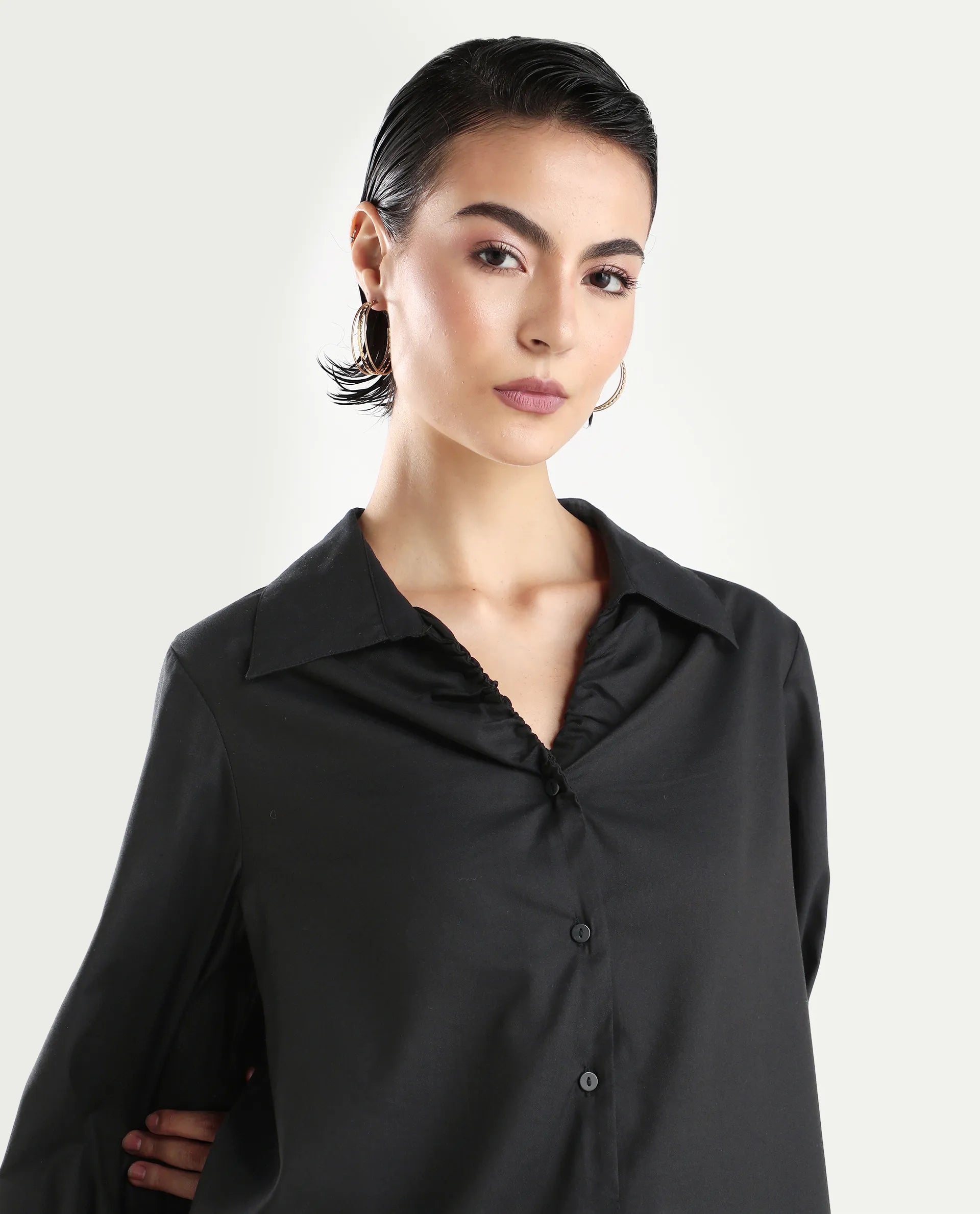 Rareism Women's Ronwopi Black Modal Spread Collar Plain Cuffed Sleeve Regular Fit Shirt