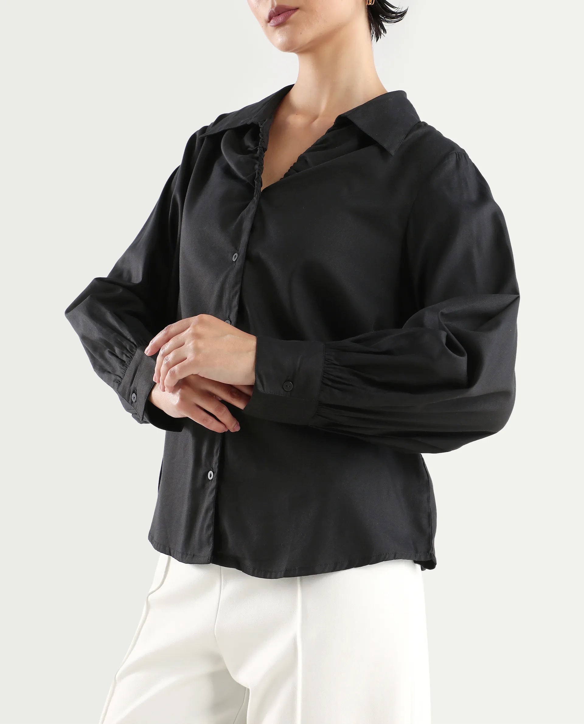 Rareism Women's Ronwopi Black Modal Spread Collar Plain Cuffed Sleeve Regular Fit Shirt