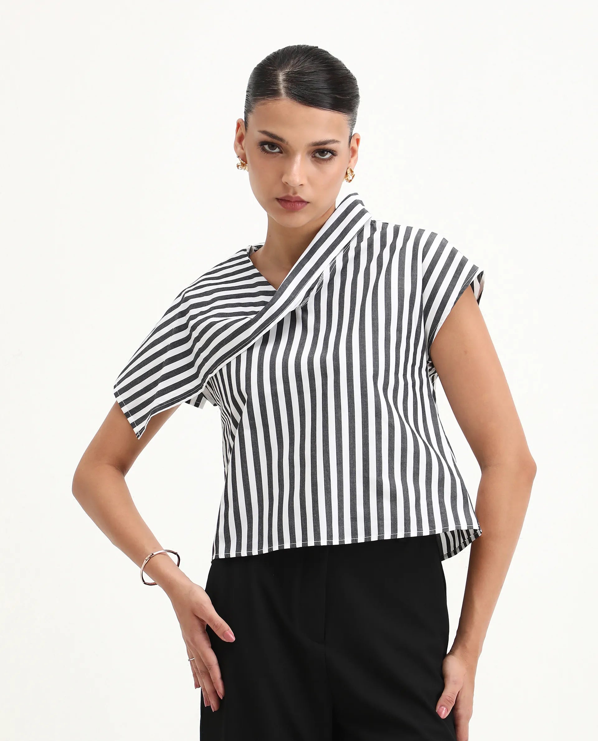 Rareism Women's Ronwor White Cotton Cowl Neck Striped Extended Sleeves Regular Fit Top