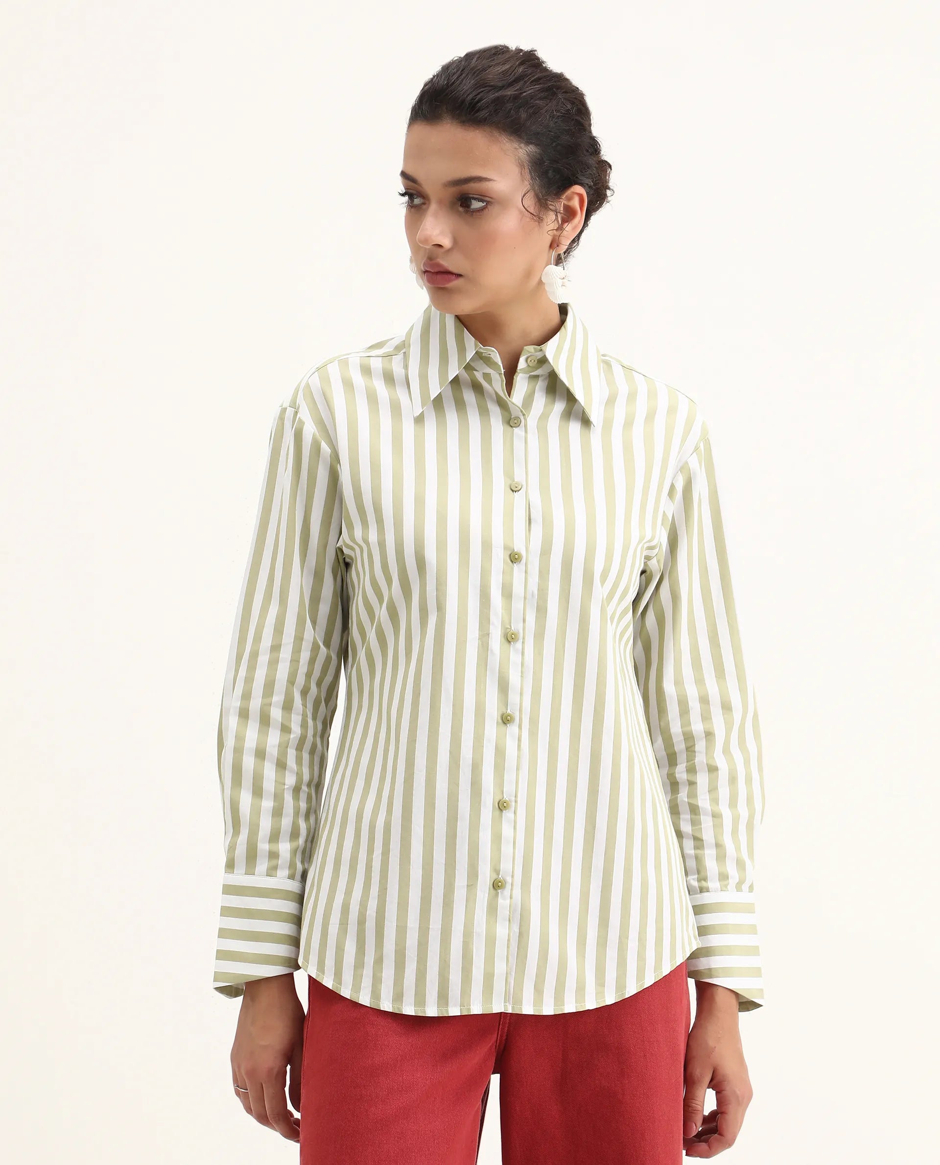 Rareism Women's Ronwoz Green Cotton Spread Collar Striped Cuffed Sleeve Regular Fit Shirt