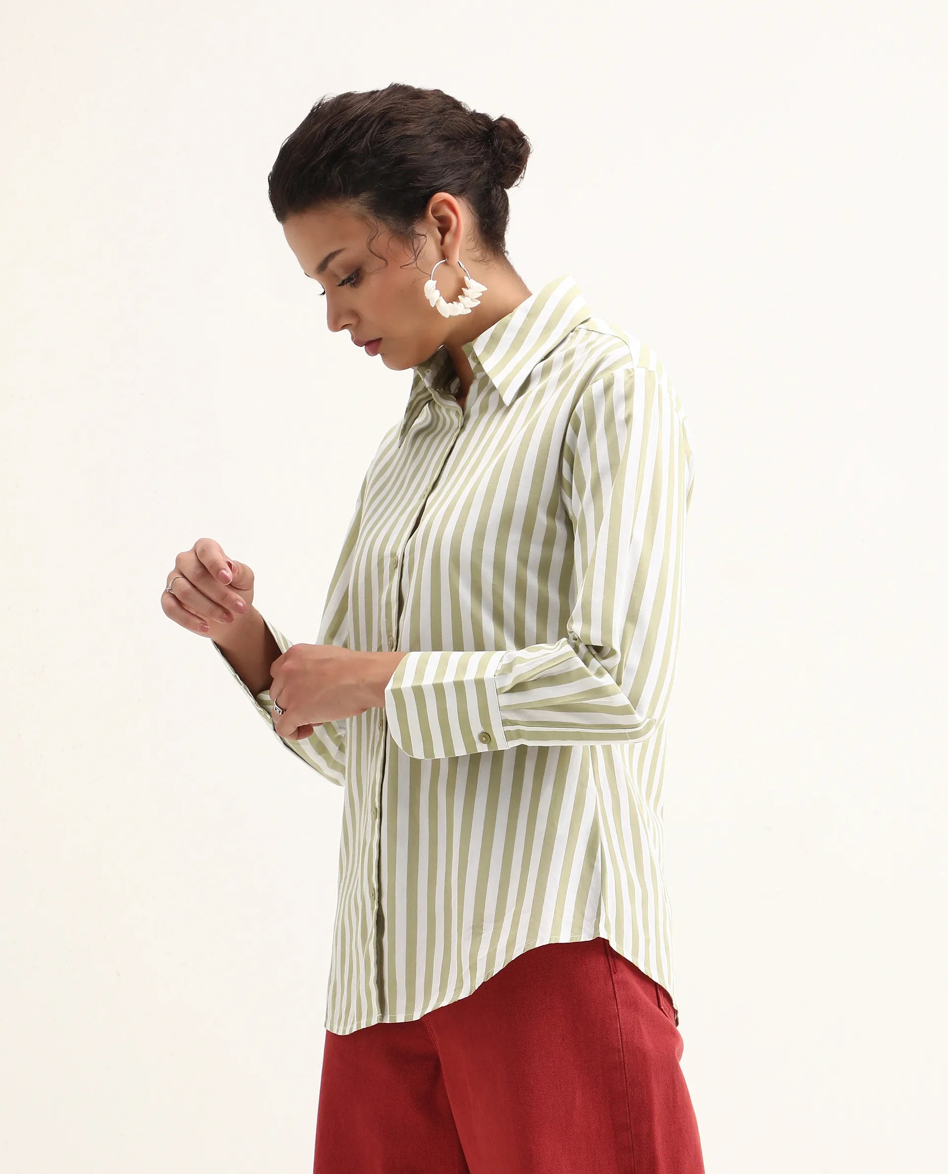 Rareism Women's Ronwoz Green Cotton Spread Collar Striped Cuffed Sleeve Regular Fit Shirt