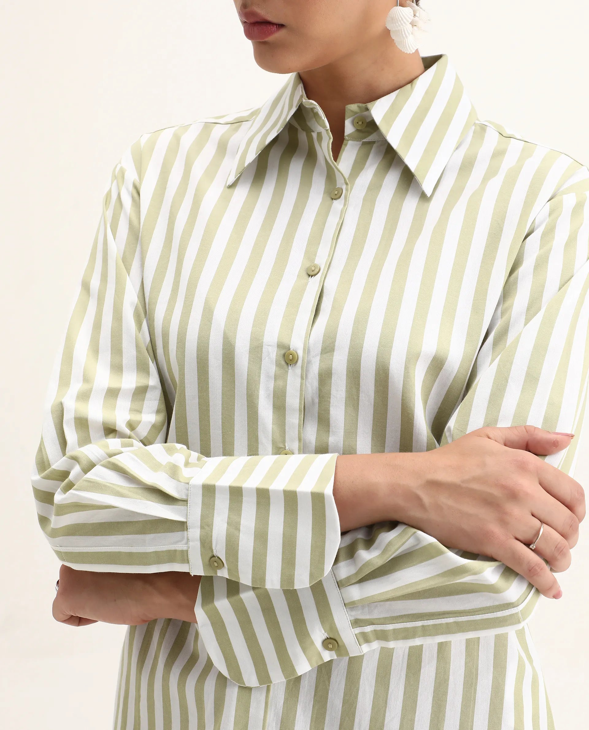 Rareism Women's Ronwoz Green Cotton Spread Collar Striped Cuffed Sleeve Regular Fit Shirt