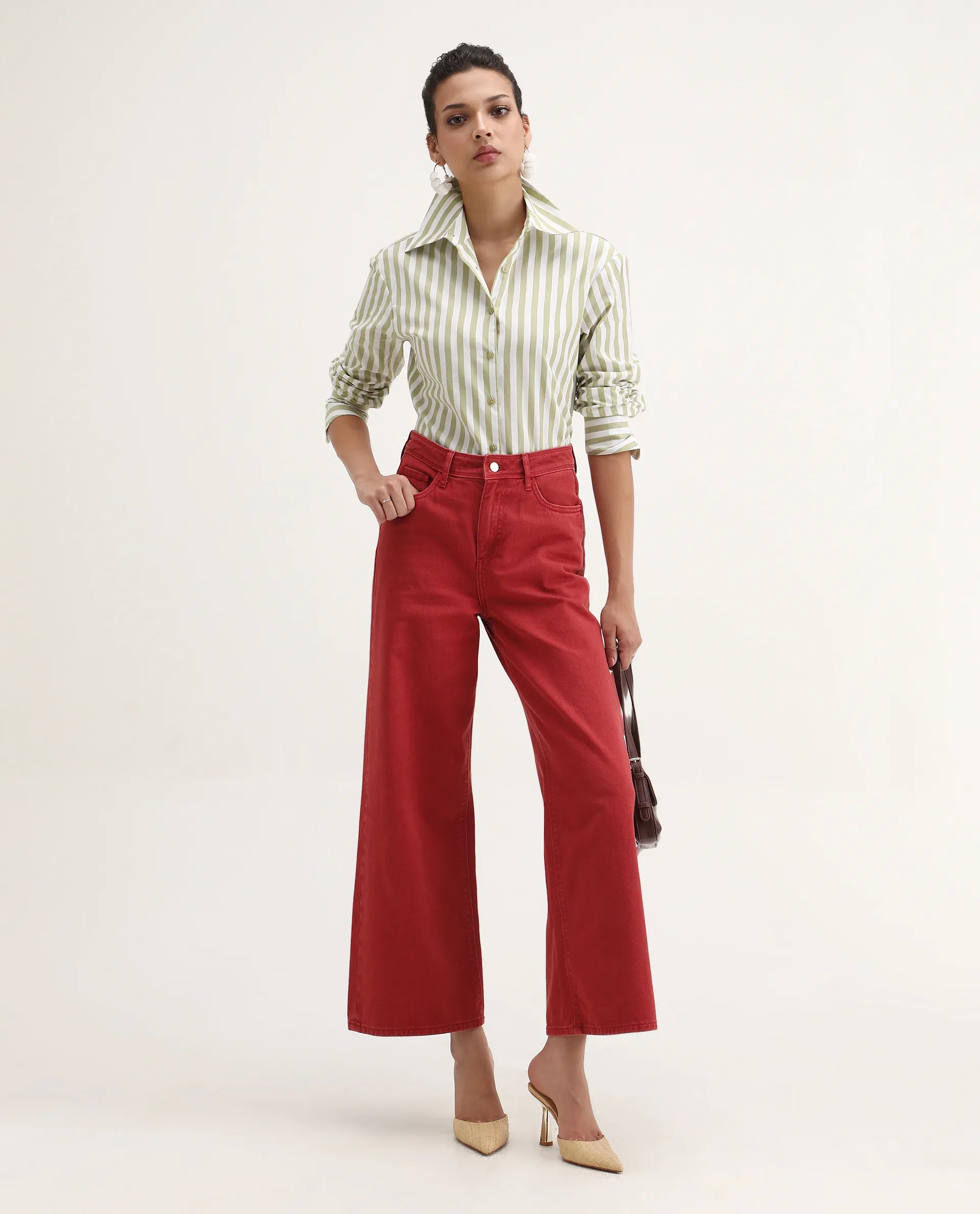 Rareism Women's Ronwoz Green Cotton Spread Collar Striped Cuffed Sleeve Regular Fit Shirt