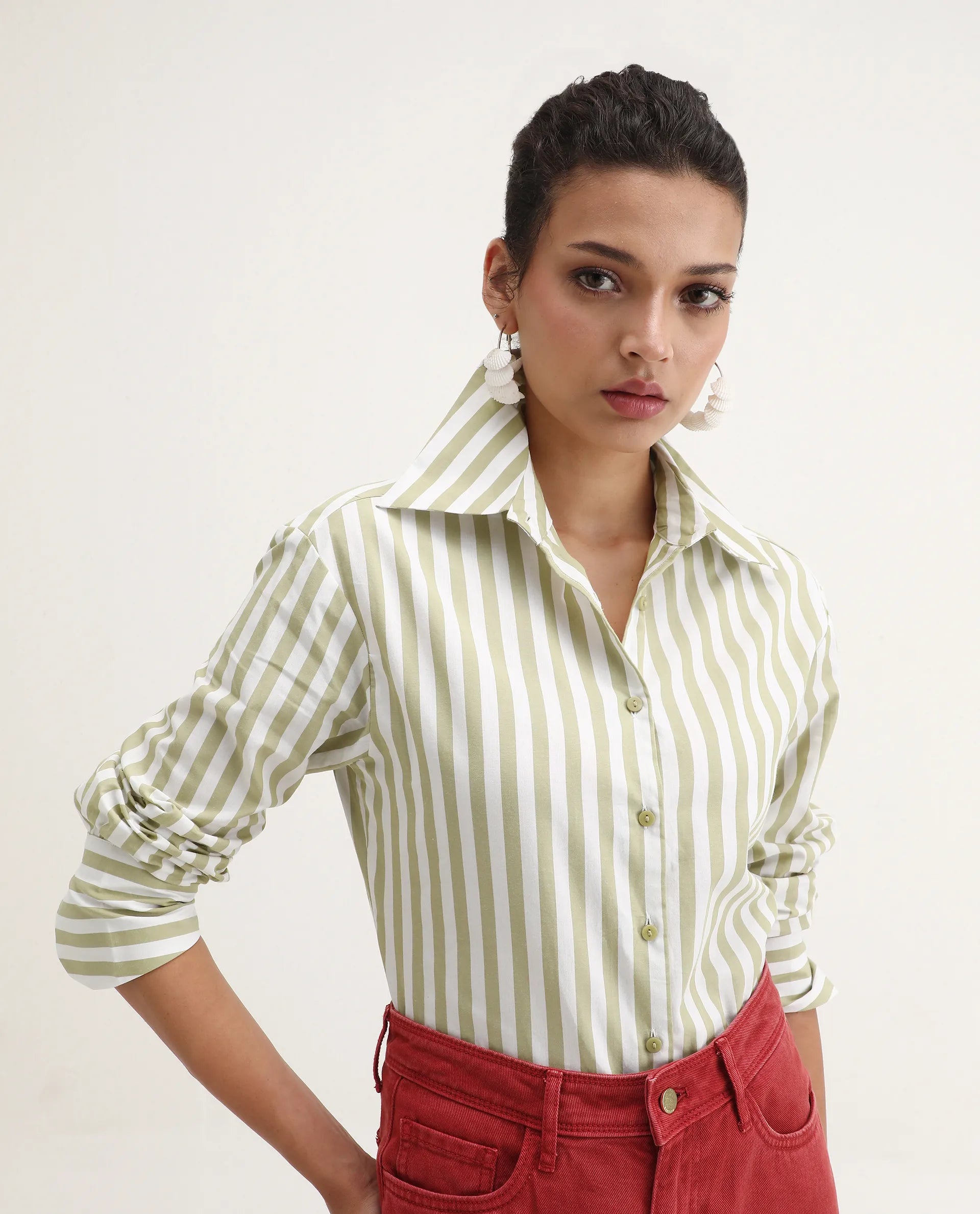 Rareism Women's Ronwoz Green Cotton Spread Collar Striped Cuffed Sleeve Regular Fit Shirt