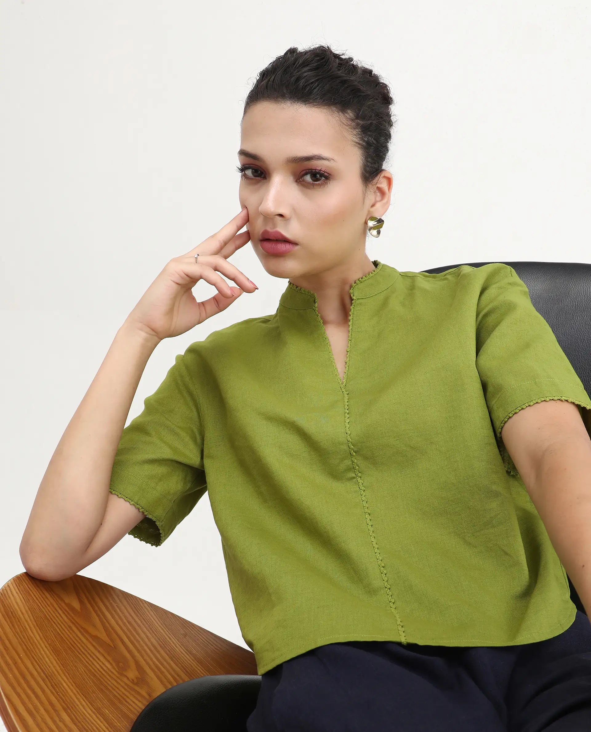 Rareism Women's Rony Olive Linen Mandarin Collar Plain Regular Fit Top