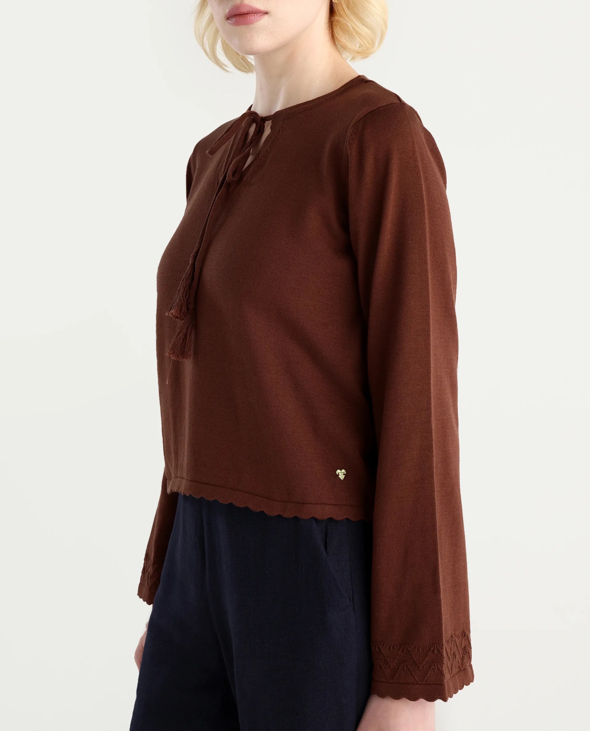 Rareism Women's Ronzmu Dark Brown Cotton Tie-Up Neck Plain Regular Fit Top