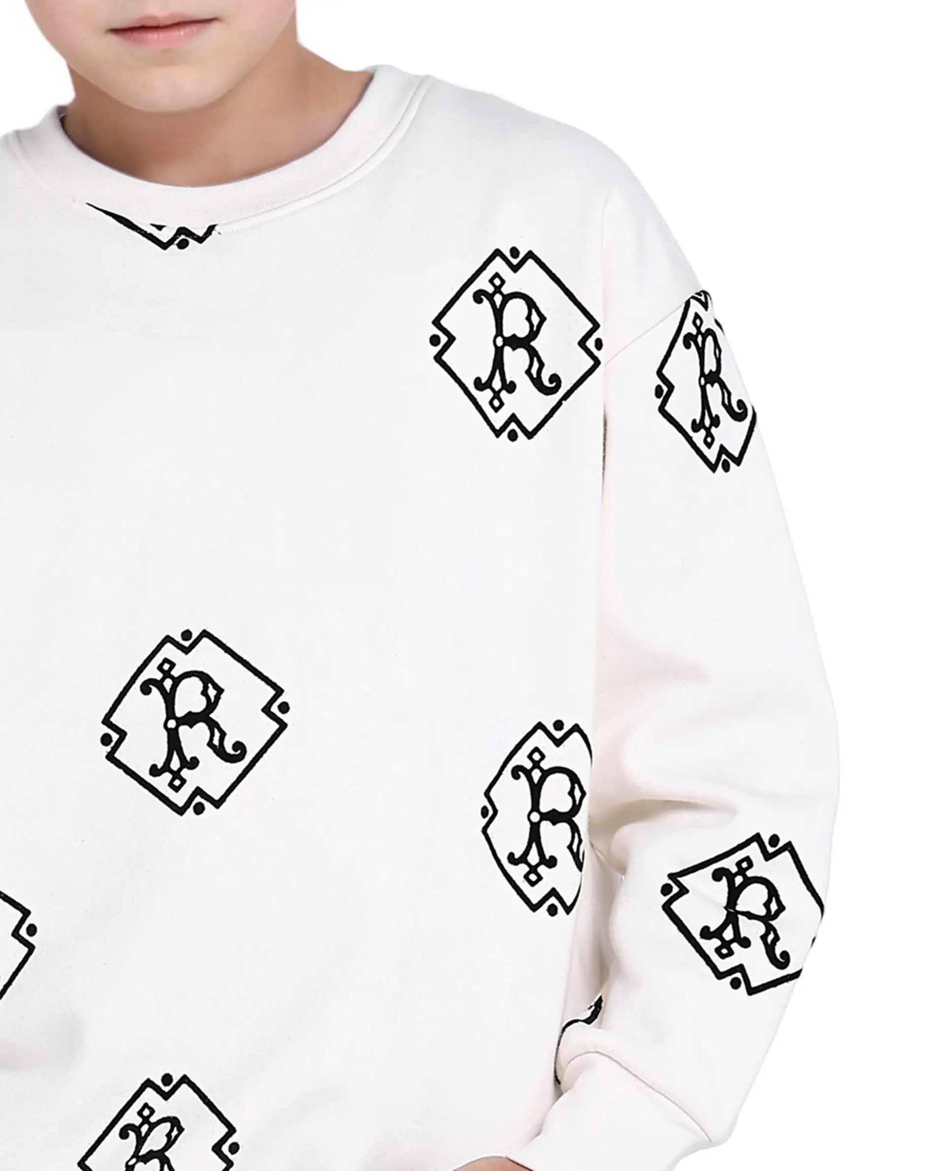 Rare Ones Kids Ronz Off White Cotton Poly Full Sleeve Flock Print Sweatshirt
