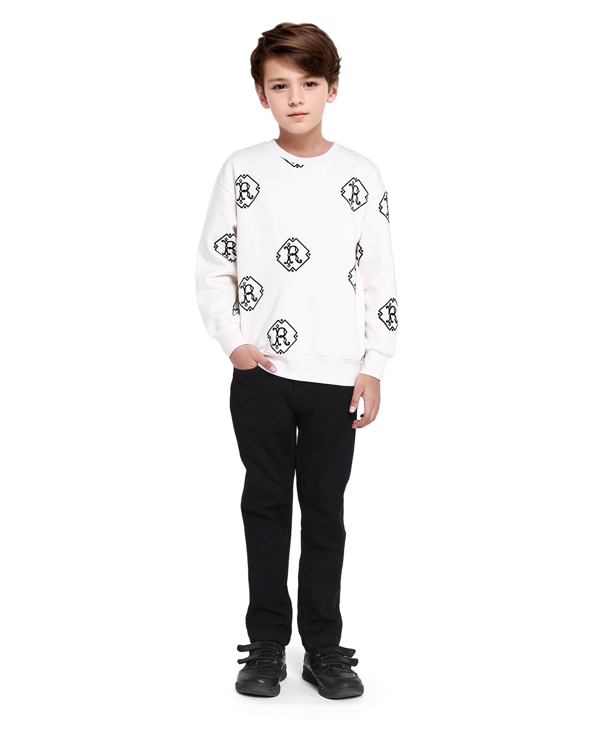 Rare Ones Kids Ronz Off White Cotton Poly Full Sleeve Flock Print Sweatshirt