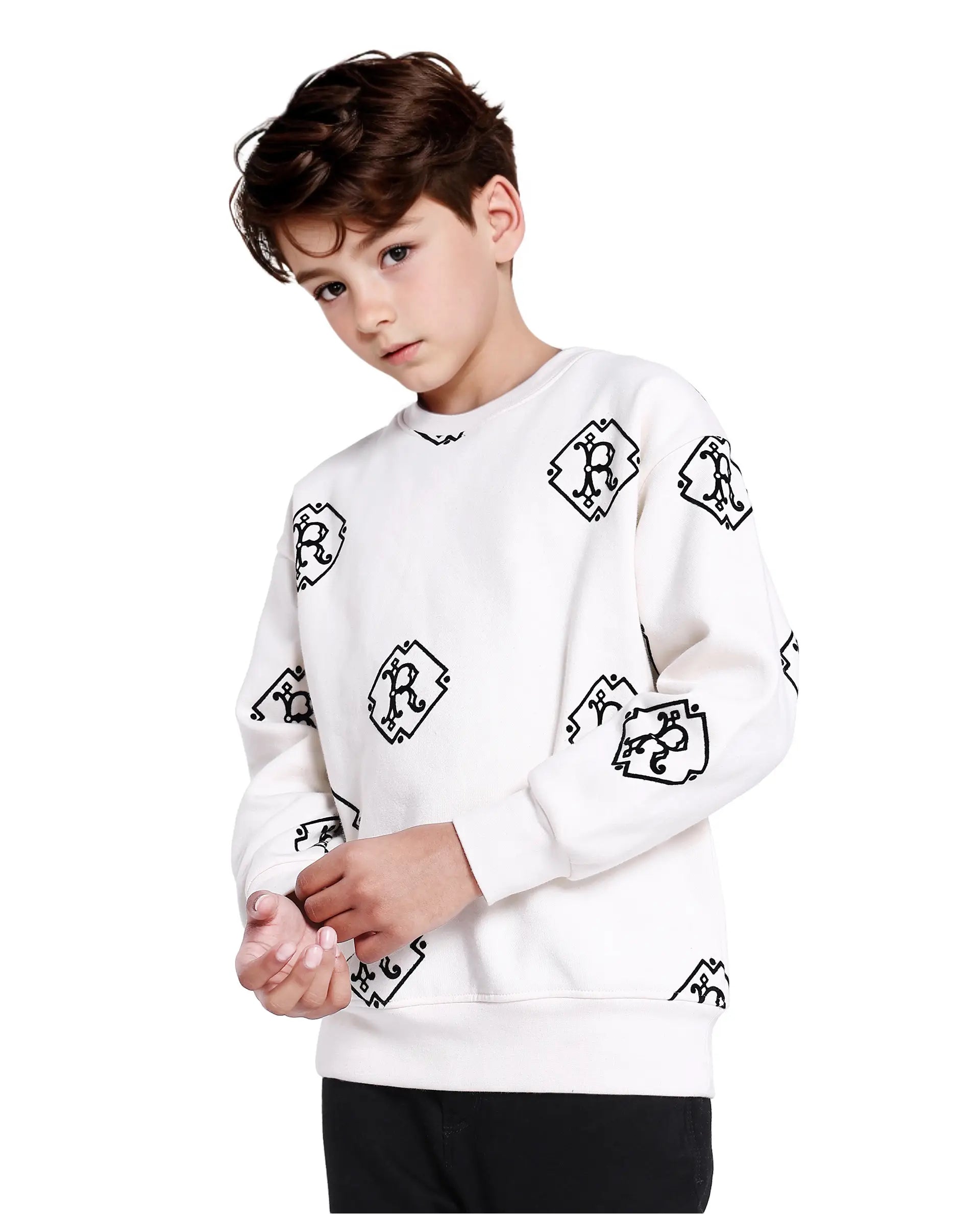 Rare Ones Kids Ronz Off White Cotton Poly Full Sleeve Flock Print Sweatshirt