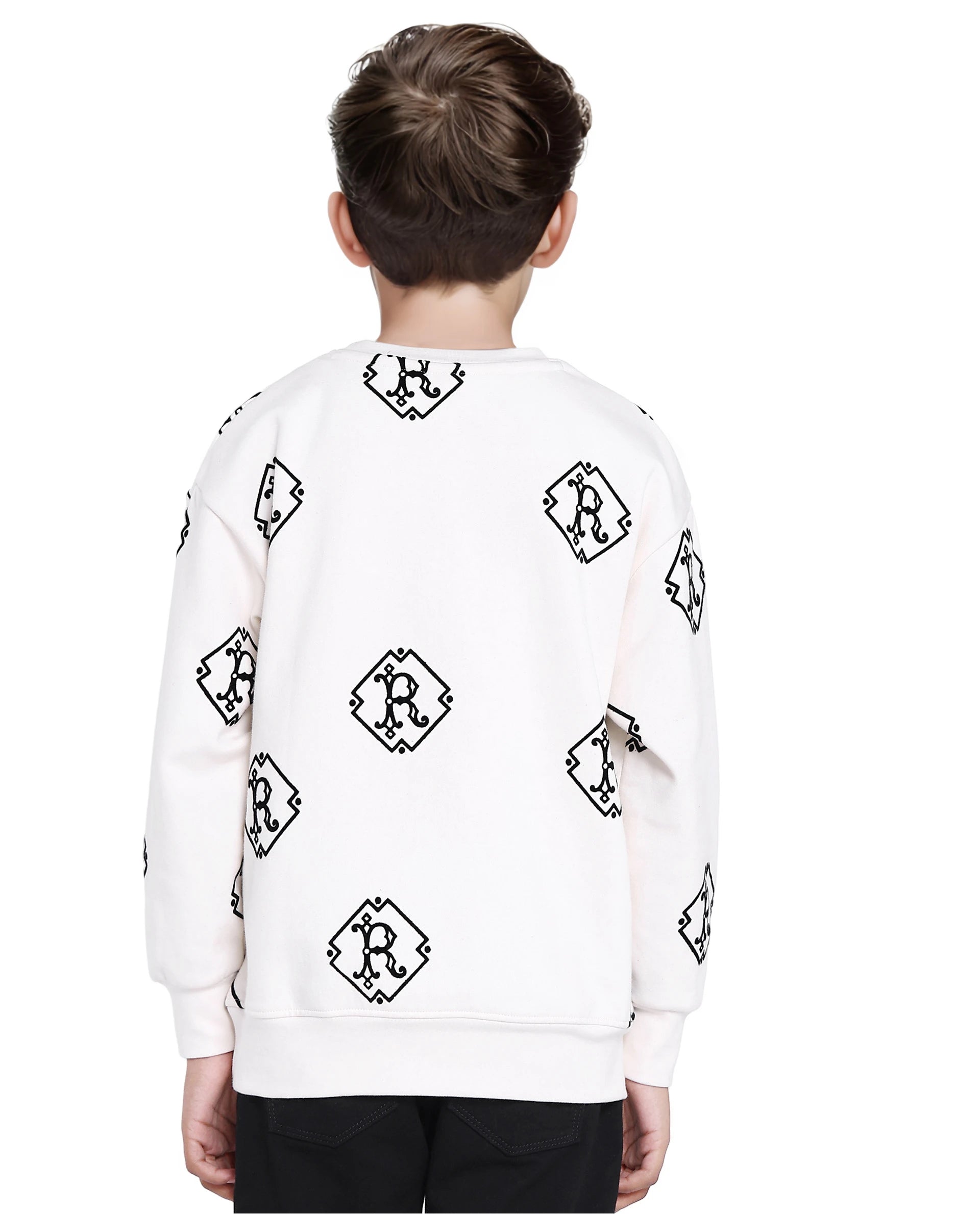 Rare Ones Kids Ronz Off White Cotton Poly Full Sleeve Flock Print Sweatshirt