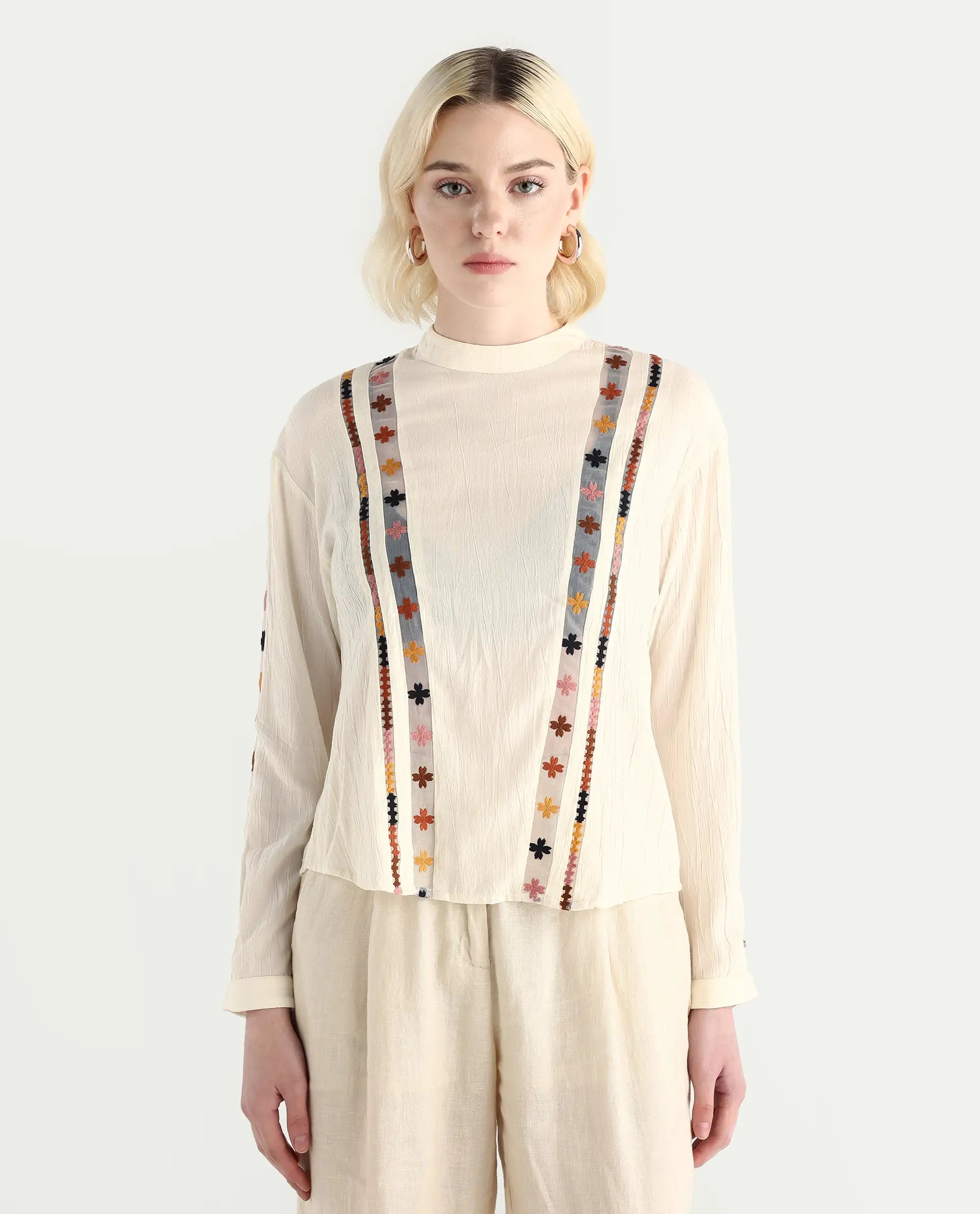 Rareism Women's Ronz Off White Viscose Round Neck Embroidered Relaxed Fit Top