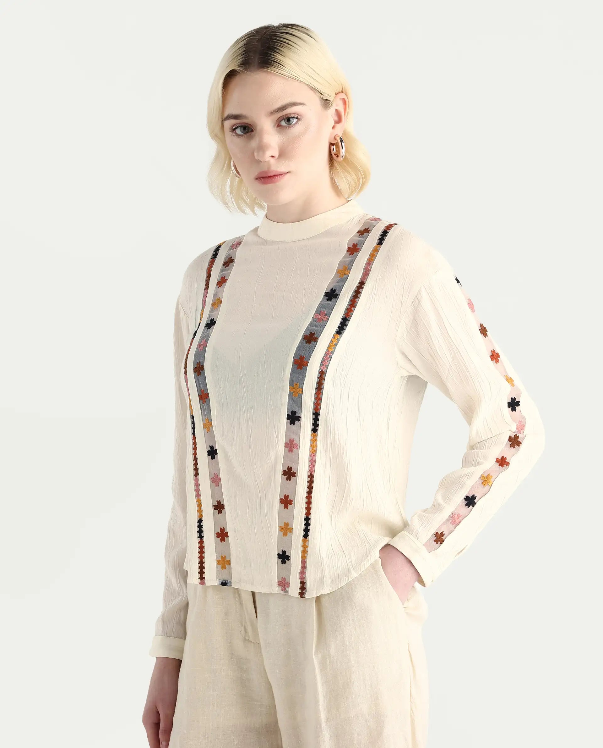 Rareism Women's Ronz Off White Viscose Round Neck Embroidered Relaxed Fit Top