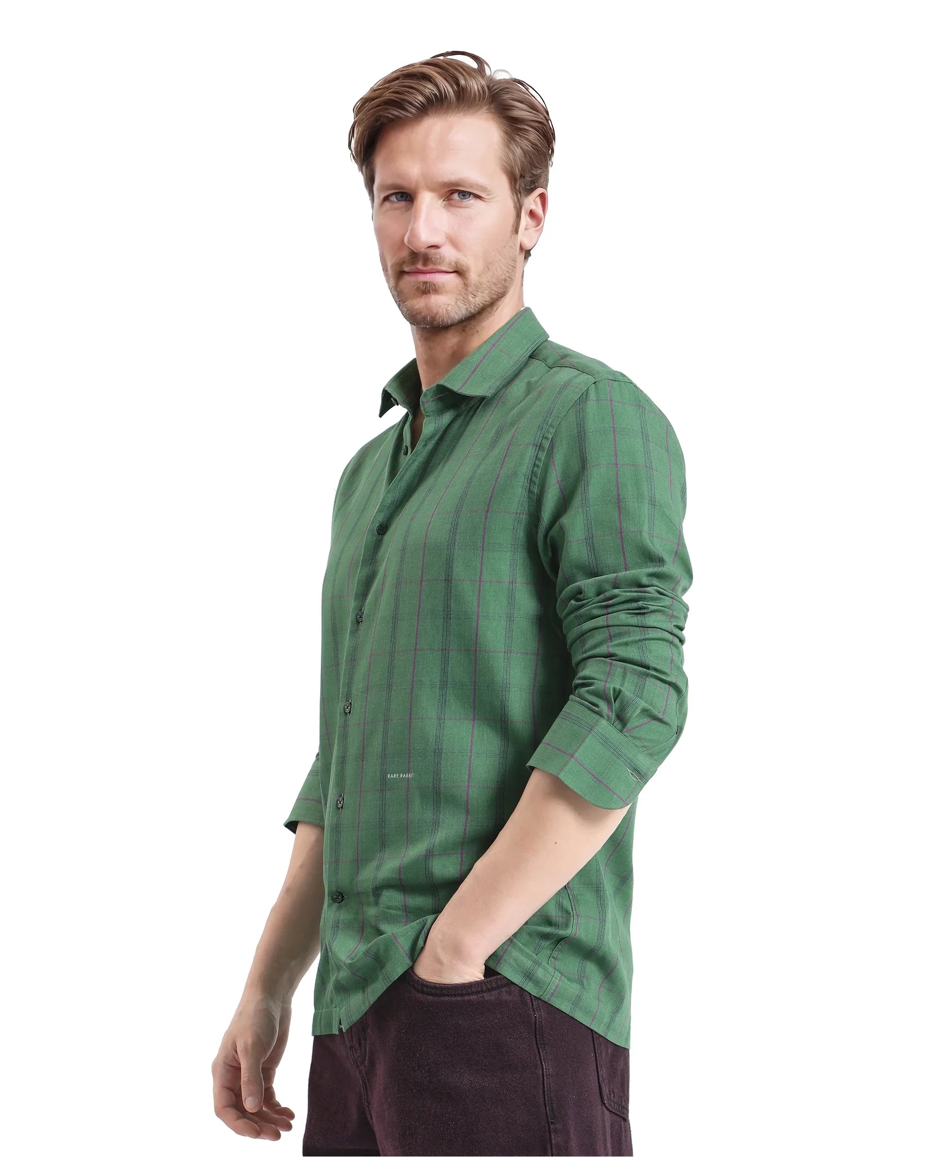 Rare Rabbit Men Roos Green Cotton Poly Fabric Full Sleeve Regular Collar Oversized Fit Checked Shirt