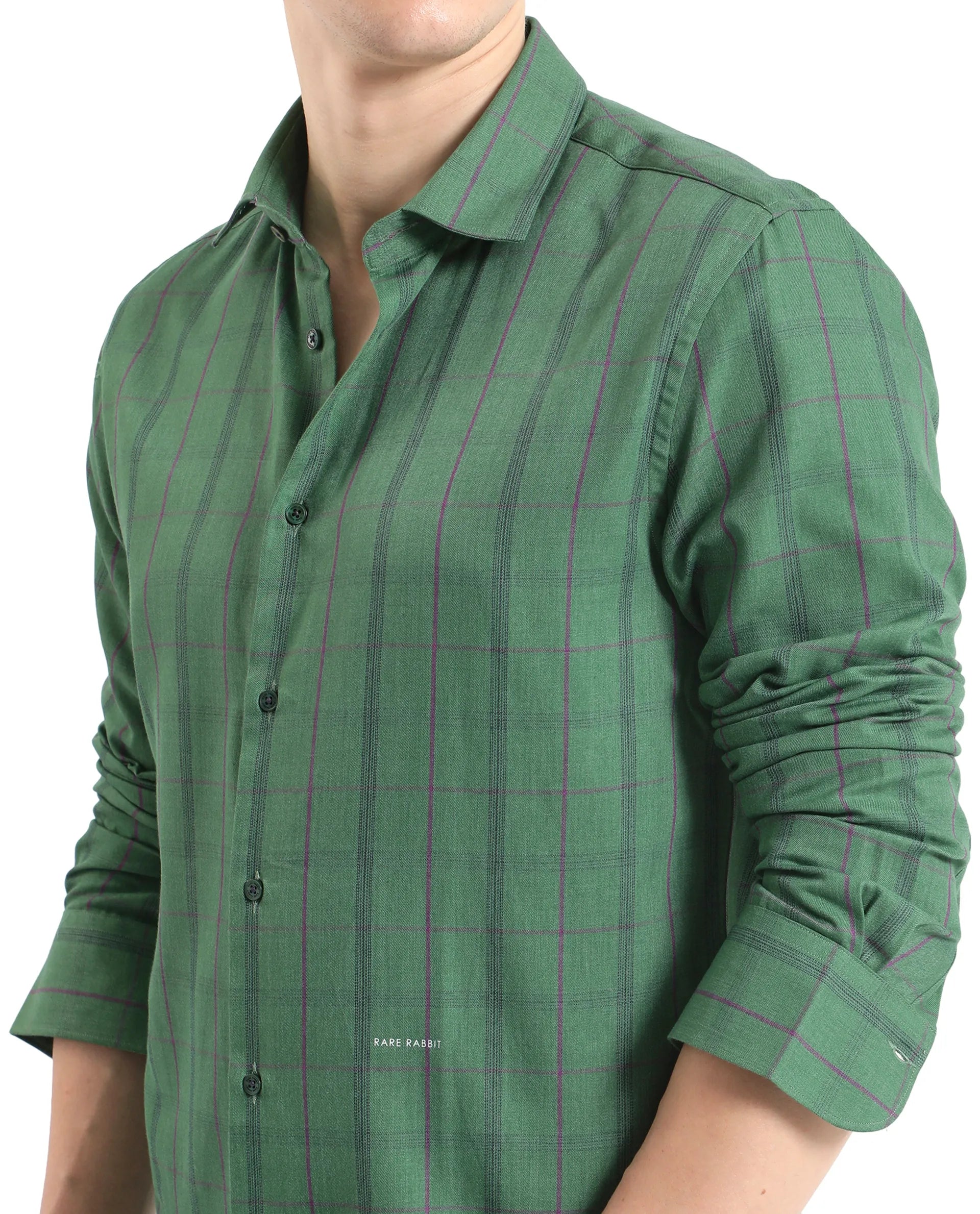 Rare Rabbit Men Roos Green Cotton Poly Fabric Full Sleeve Regular Collar Oversized Fit Checked Shirt