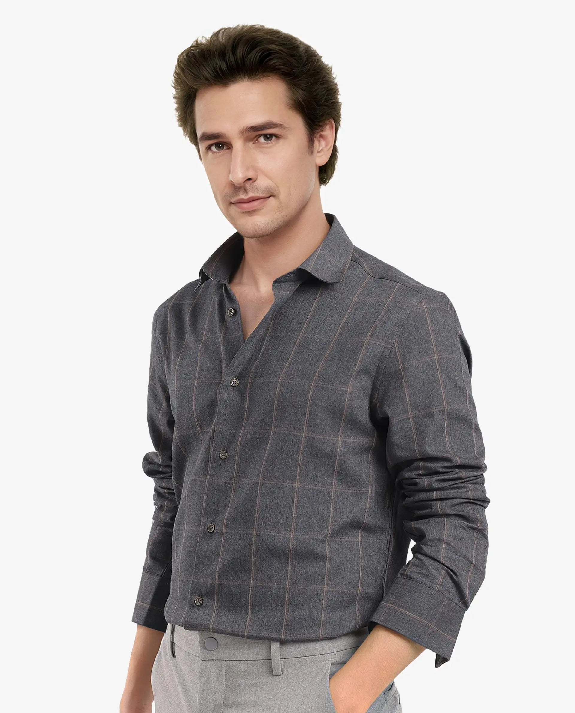 Rare Rabbit Men's Ropos-2 Grey Cotton Fabric Full Sleeve Regular Fit Checks Shirt