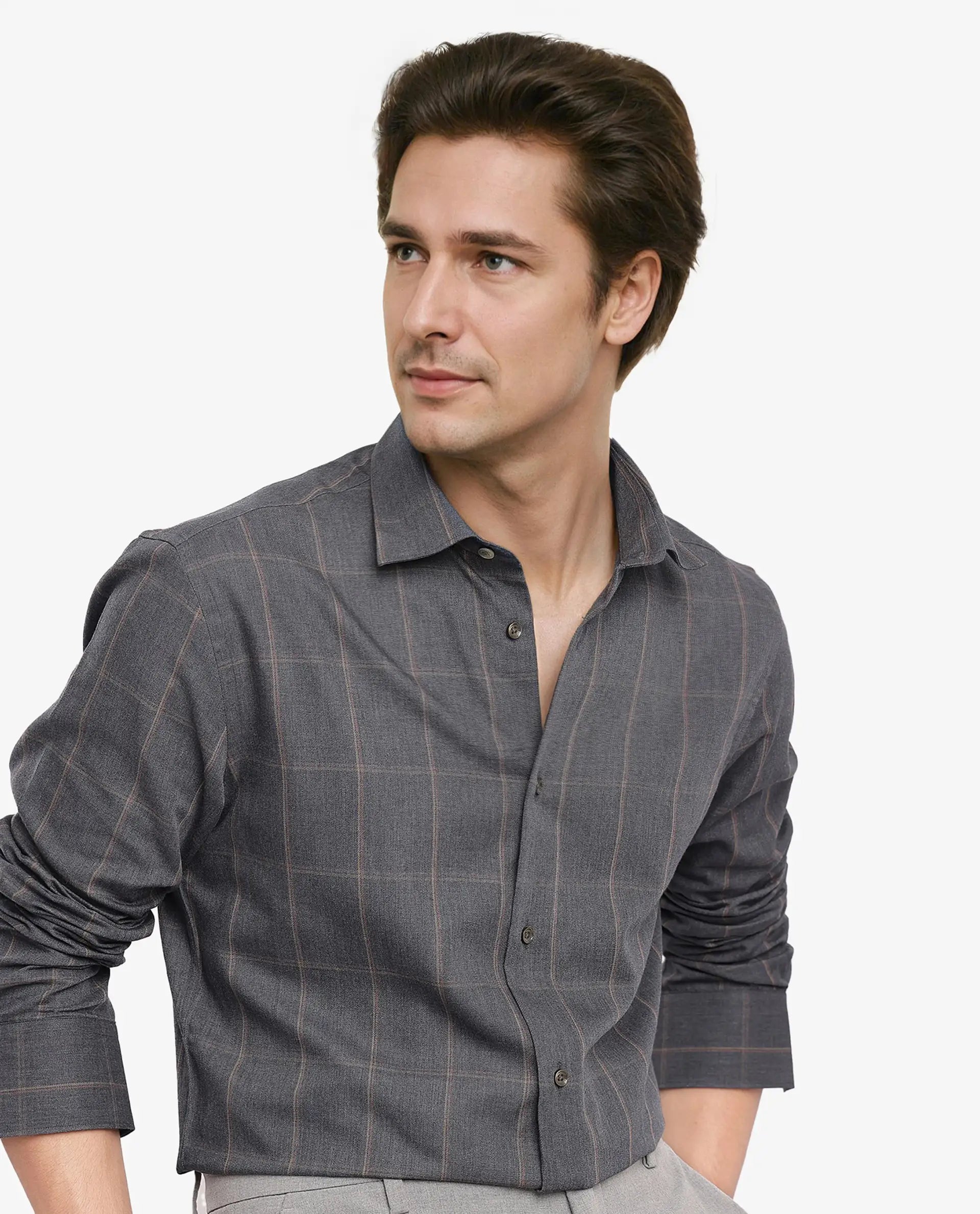 Rare Rabbit Men's Ropos-2 Grey Cotton Fabric Full Sleeve Regular Fit Checks Shirt