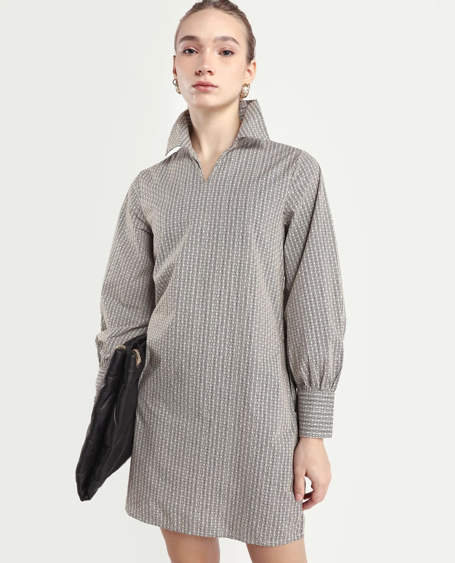 Rareism Women's Rore Beige Cotton Drop Collar Striped Cuffed Sleeve Mini Regular Fit Dress