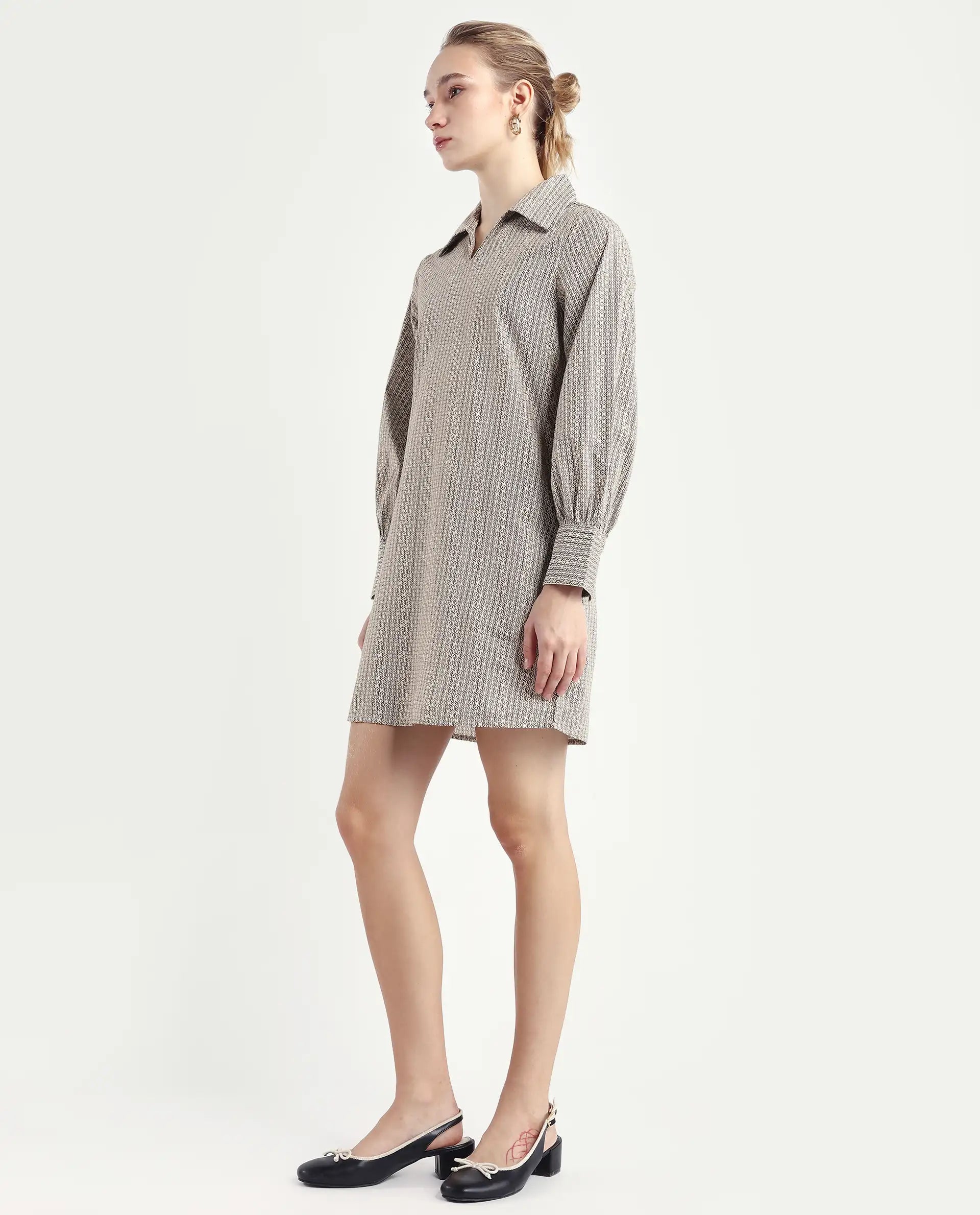 Rareism Women's Rore Beige Cotton Drop Collar Striped Cuffed Sleeve Mini Regular Fit Dress