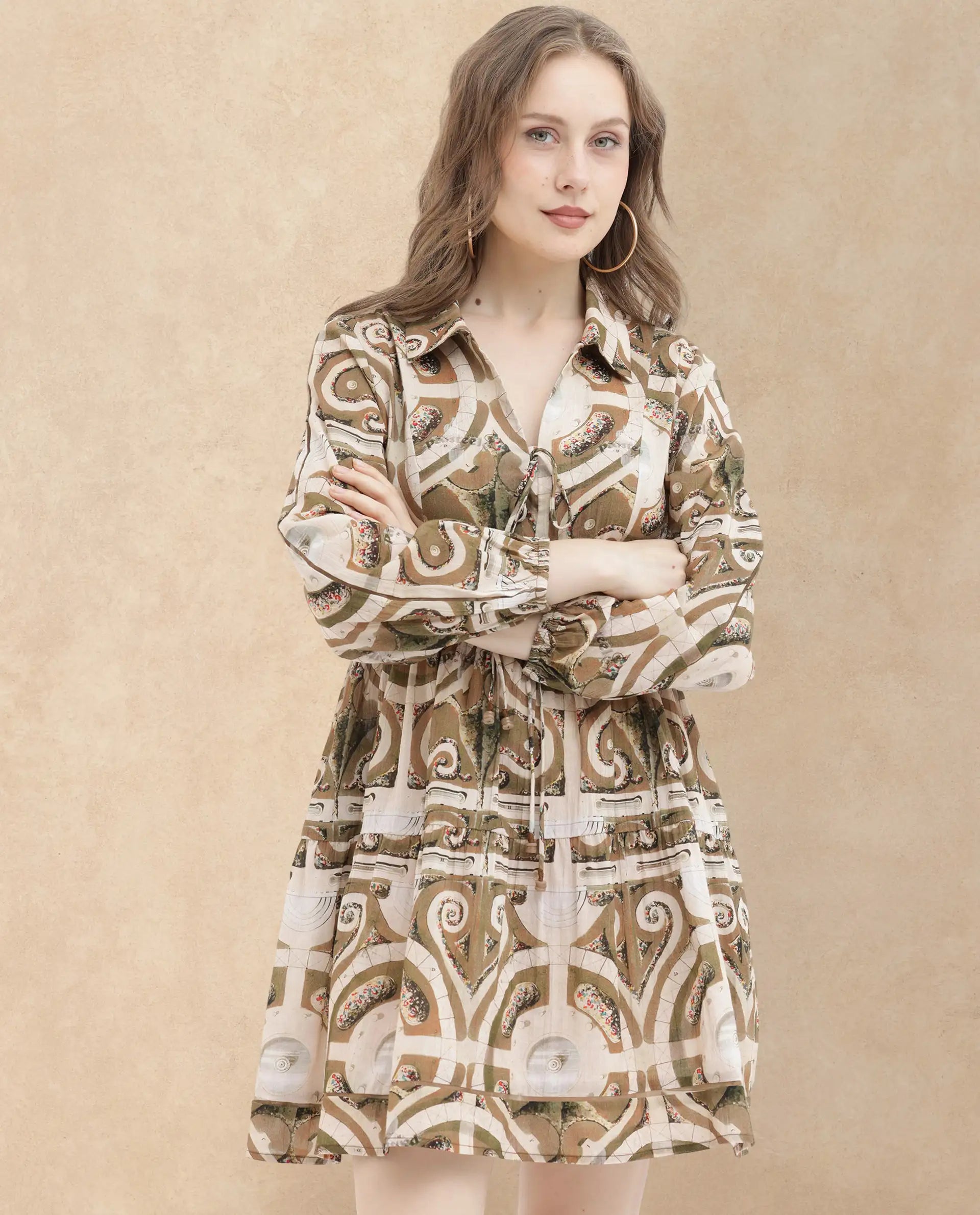 Rareism Women Rory Pastel Green Cotton Fabric Regular Sleeves V-Neck Abstract Print Longline Dress