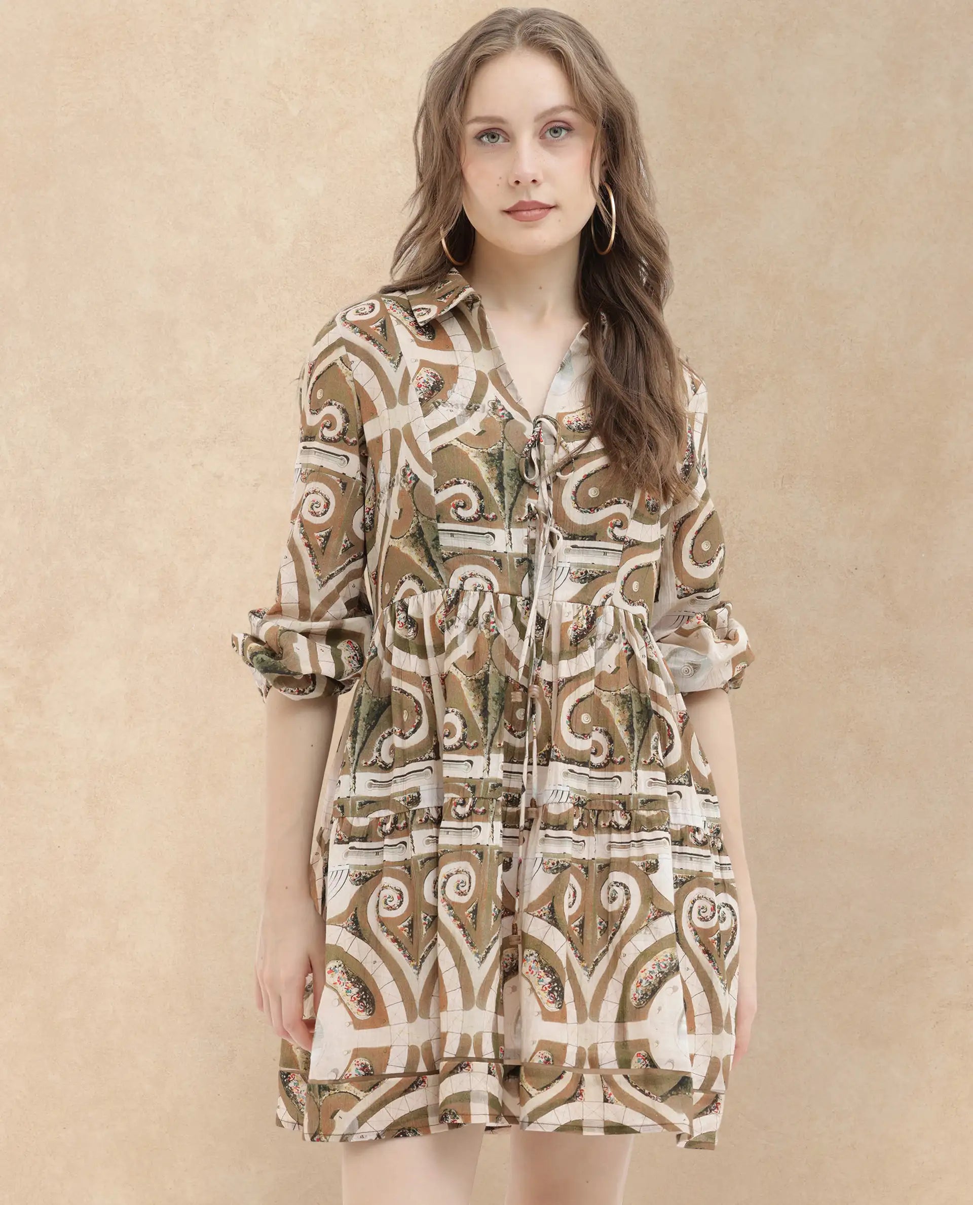 Rareism Women Rory Pastel Green Cotton Fabric Regular Sleeves V-Neck Abstract Print Longline Dress