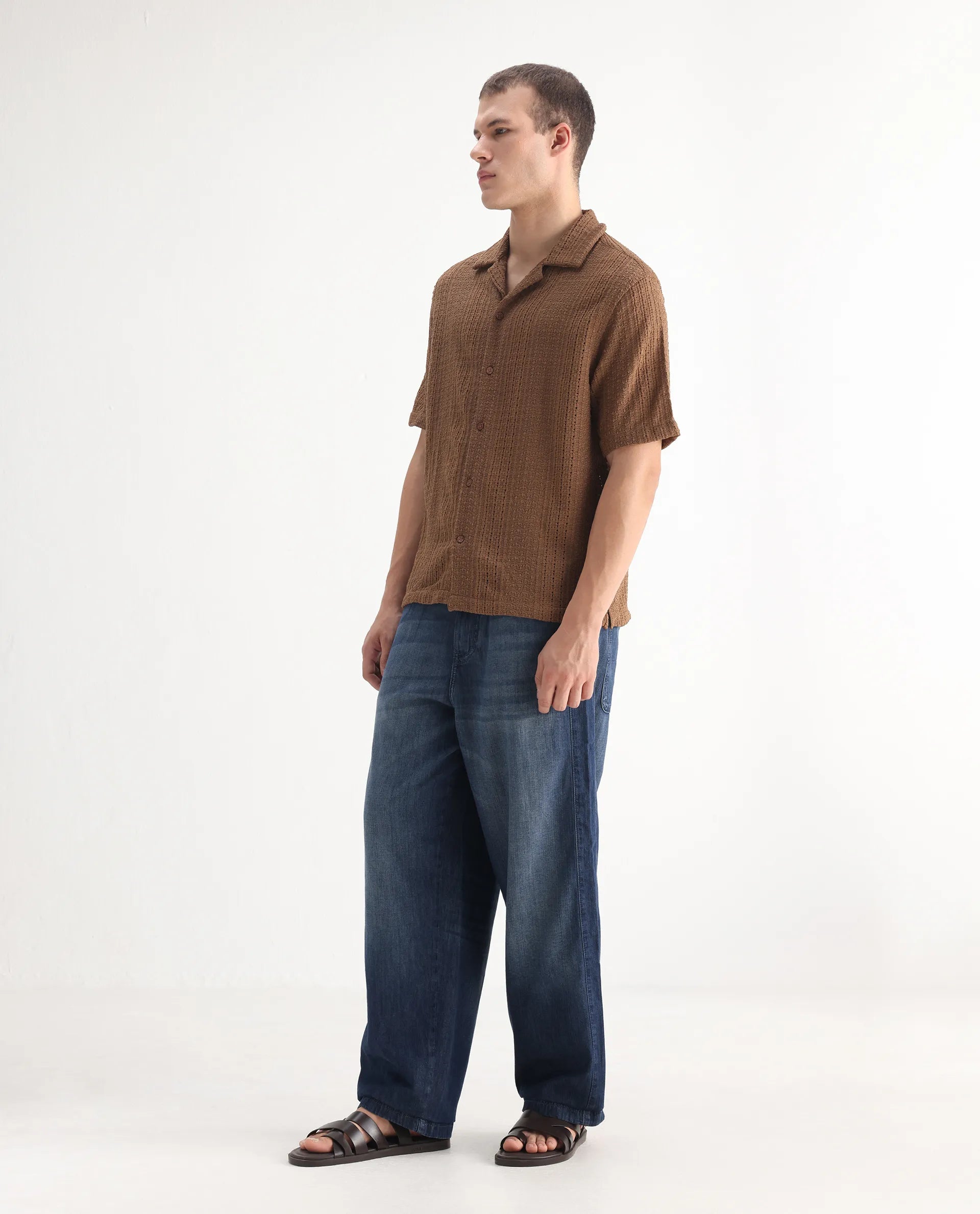 Rare Rabbit Men's Rory Light Blue Cotton Plain Baggy Fit Jeans