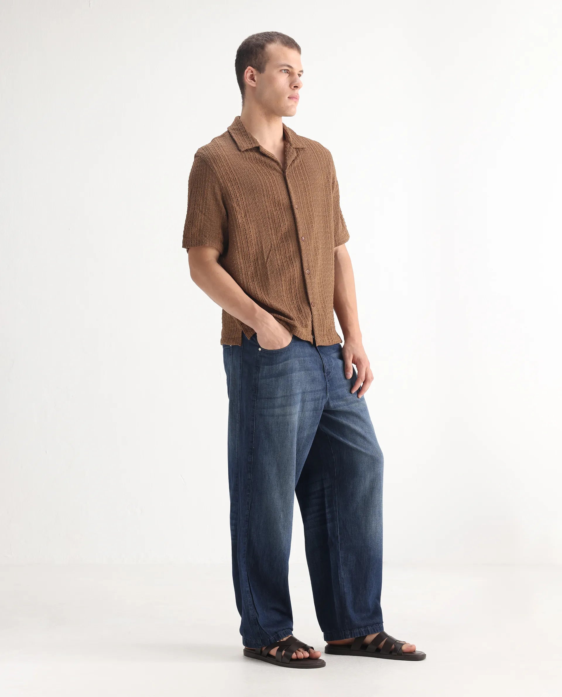 Rare Rabbit Men's Rory Light Blue Cotton Plain Baggy Fit Jeans