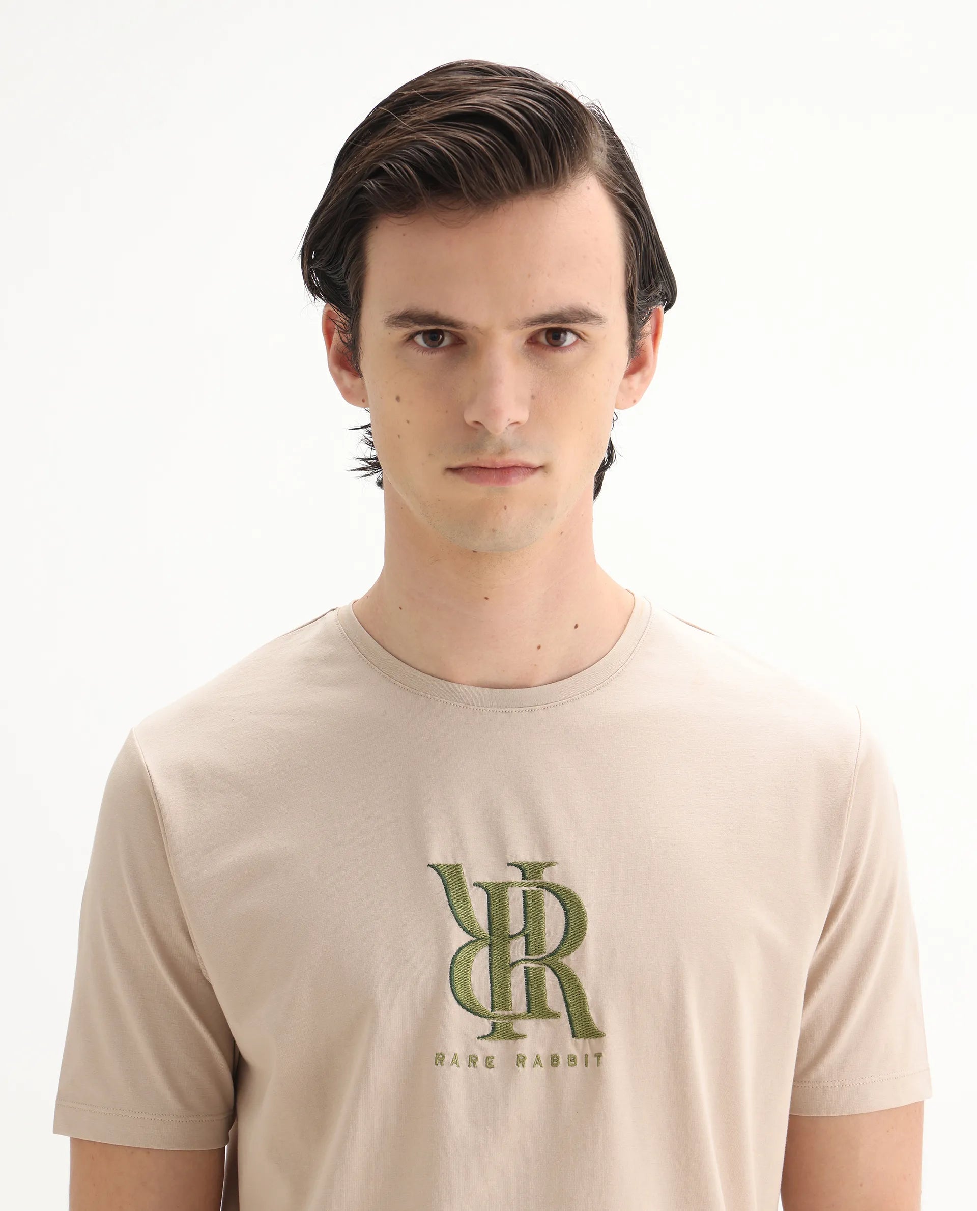 Rare Rabbit Men's Rosco Beige Cotton Blend Graphic Print Regular Fit Half Sleeve Crew Neck T-Shirt