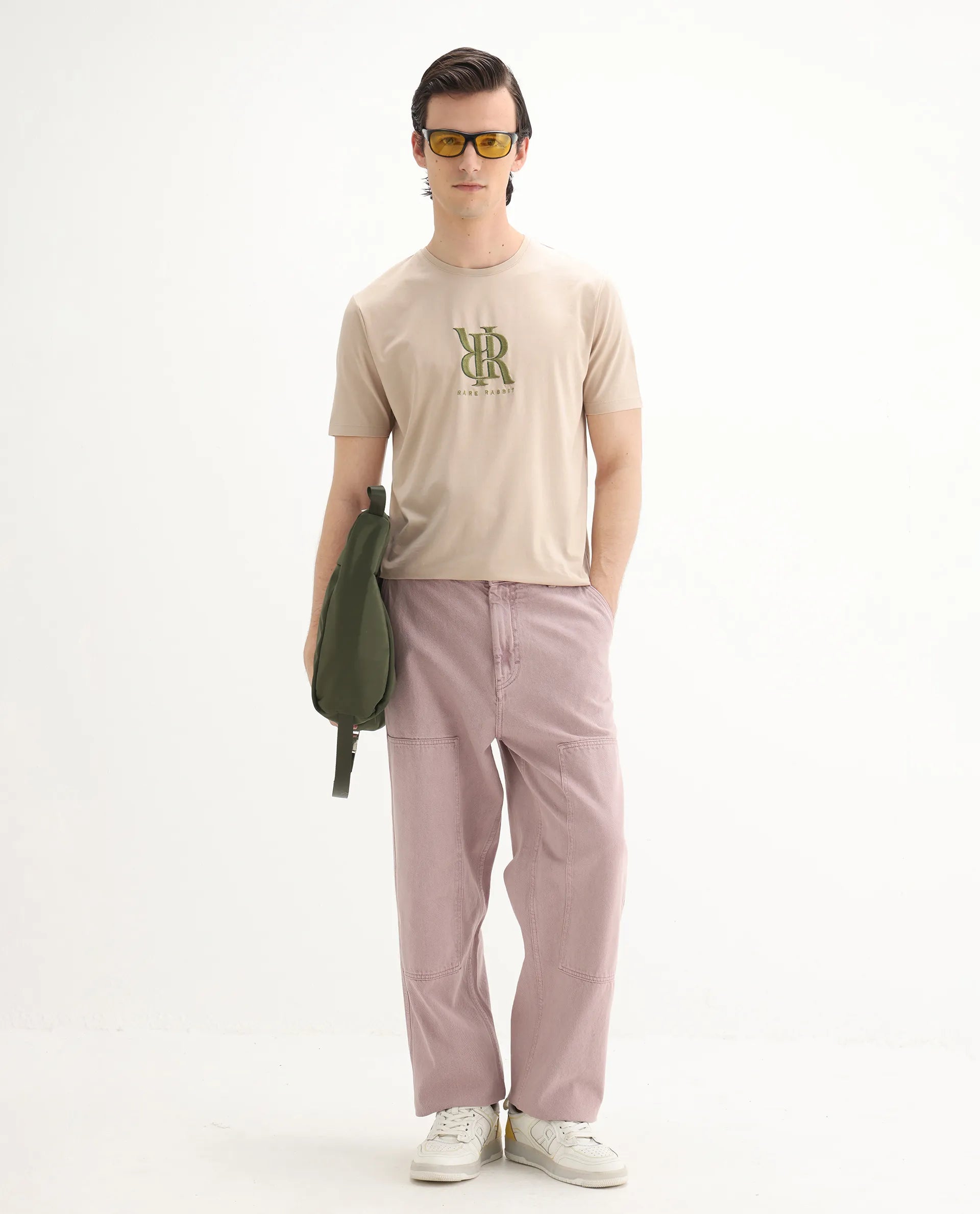 Rare Rabbit Men's Rosco Beige Cotton Blend Graphic Print Regular Fit Half Sleeve Crew Neck T-Shirt