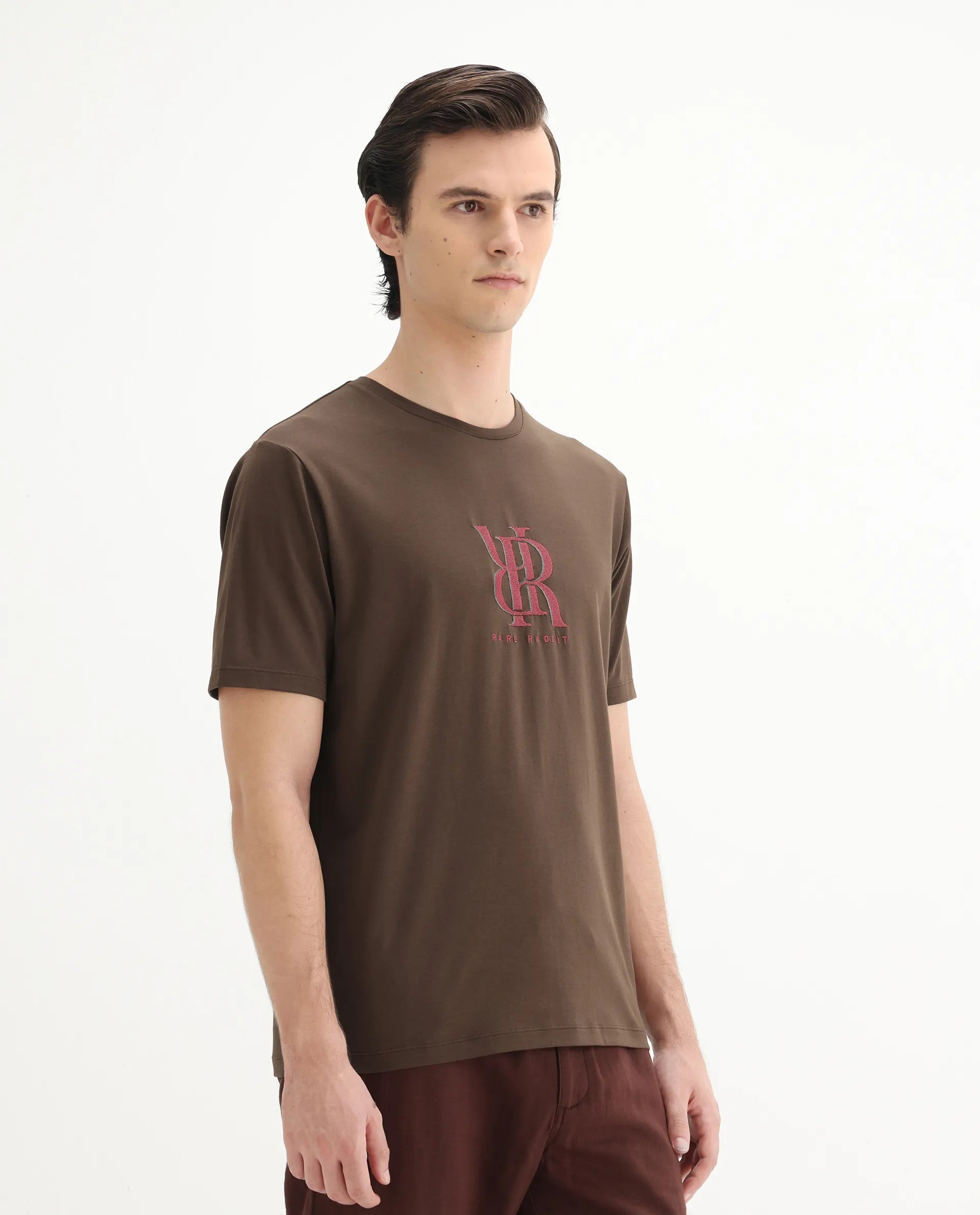 Rare Rabbit Men's Rosco Brown Cotton Blend Graphic Print Regular Fit Half Sleeve Crew Neck T-Shirt