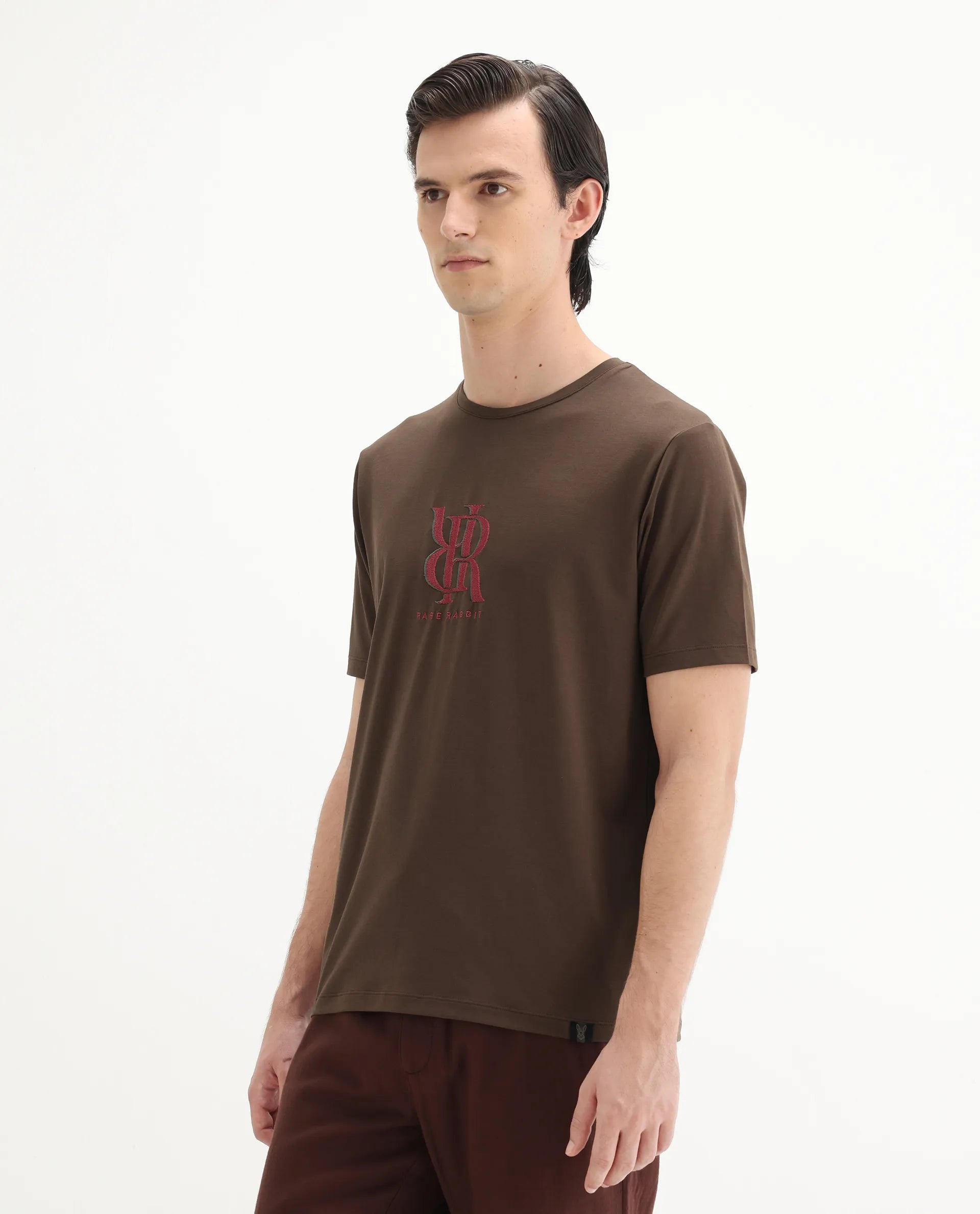 Rare Rabbit Men's Rosco Brown Cotton Blend Graphic Print Regular Fit Half Sleeve Crew Neck T-Shirt