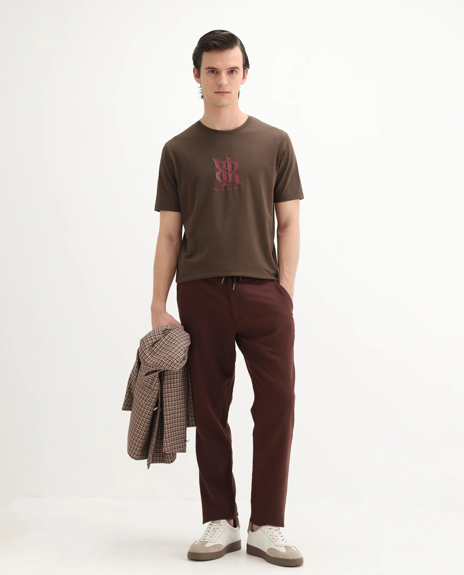 Rare Rabbit Men's Rosco Brown Cotton Blend Graphic Print Regular Fit Half Sleeve Crew Neck T-Shirt