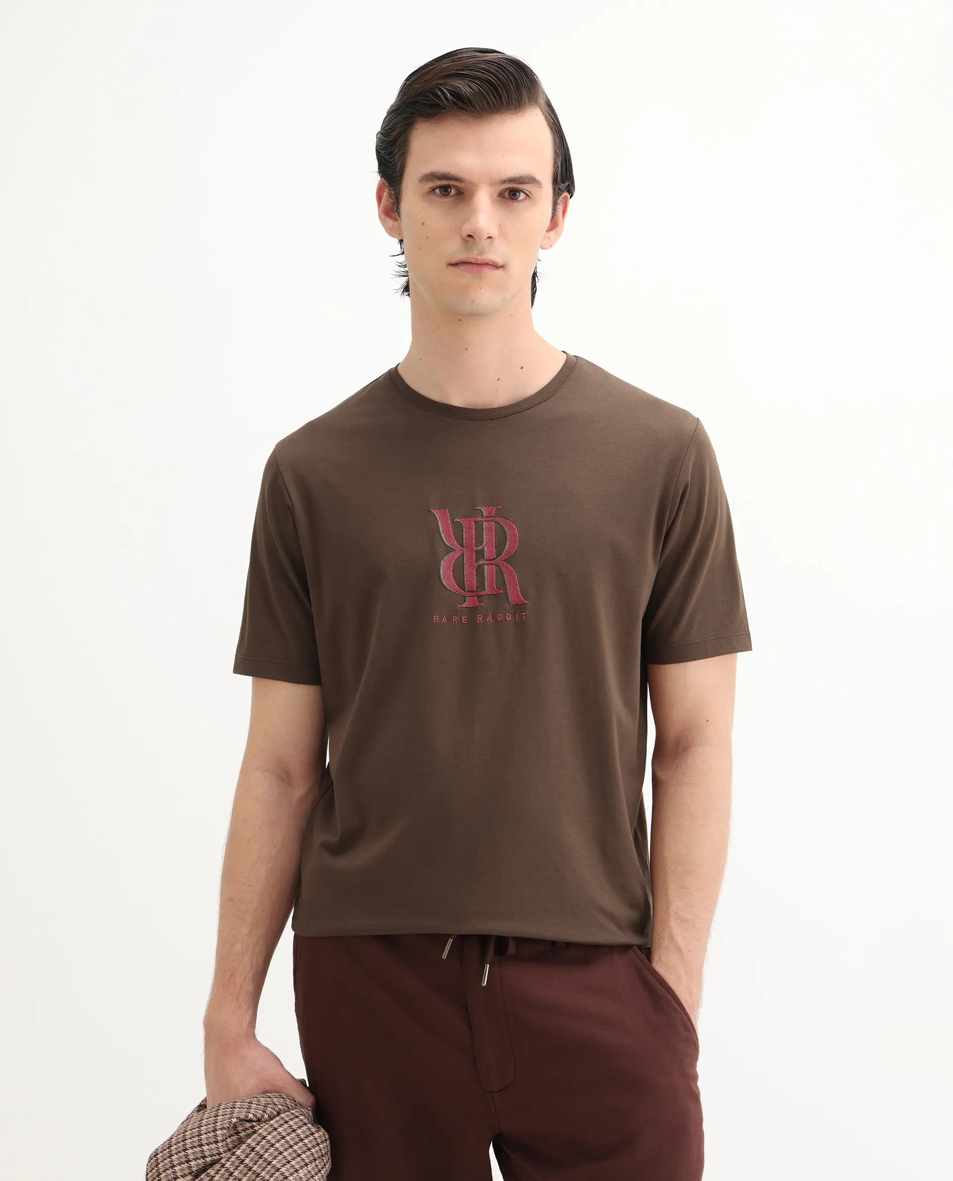 Rare Rabbit Men's Rosco Brown Cotton Blend Graphic Print Regular Fit Half Sleeve Crew Neck T-Shirt