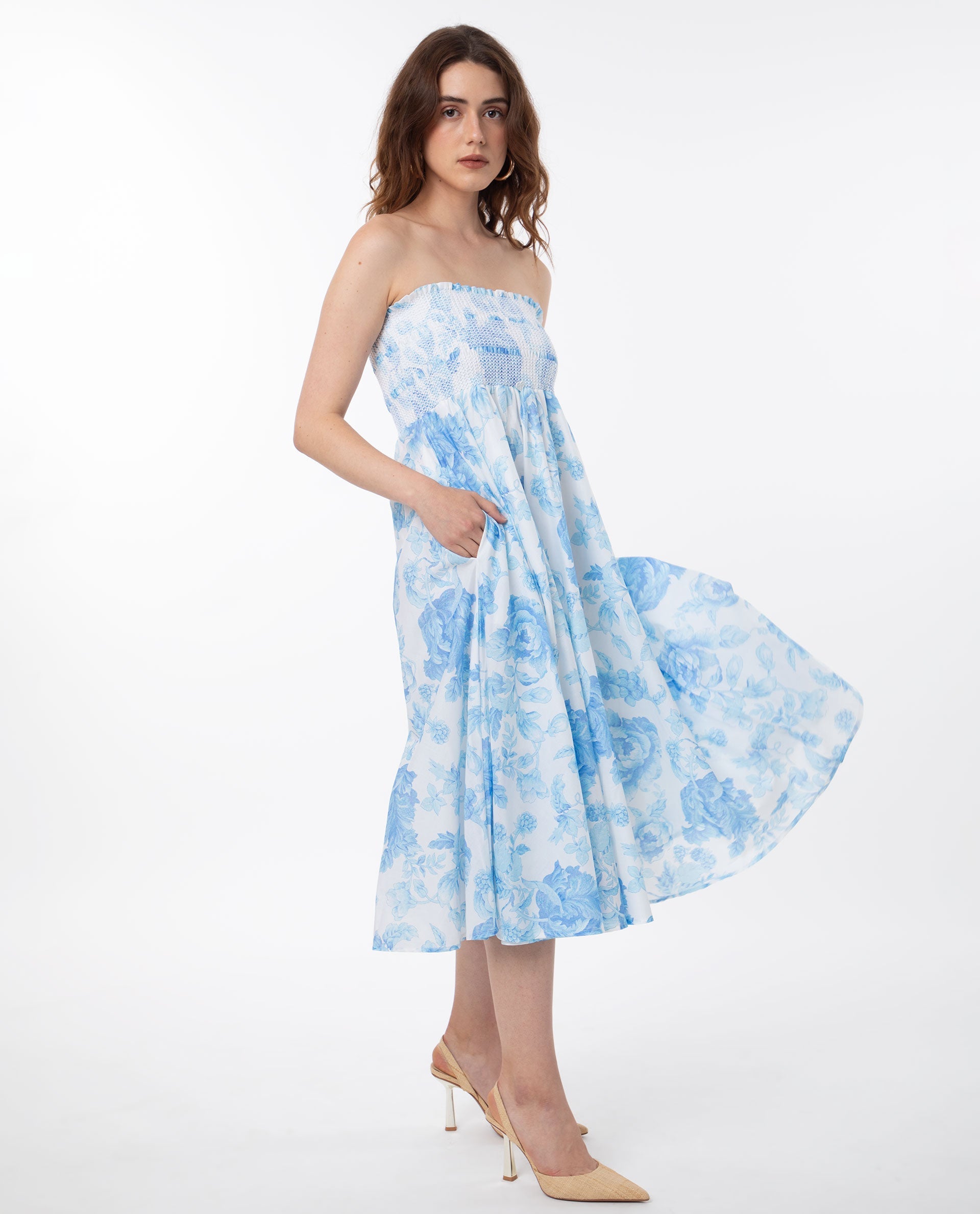 Rareism Women Rosen Light Blue Cotton Fabric Sleeveless Tube Neck Shoulder Straps Fit And Flare Floral Print Maxi Empire Dress