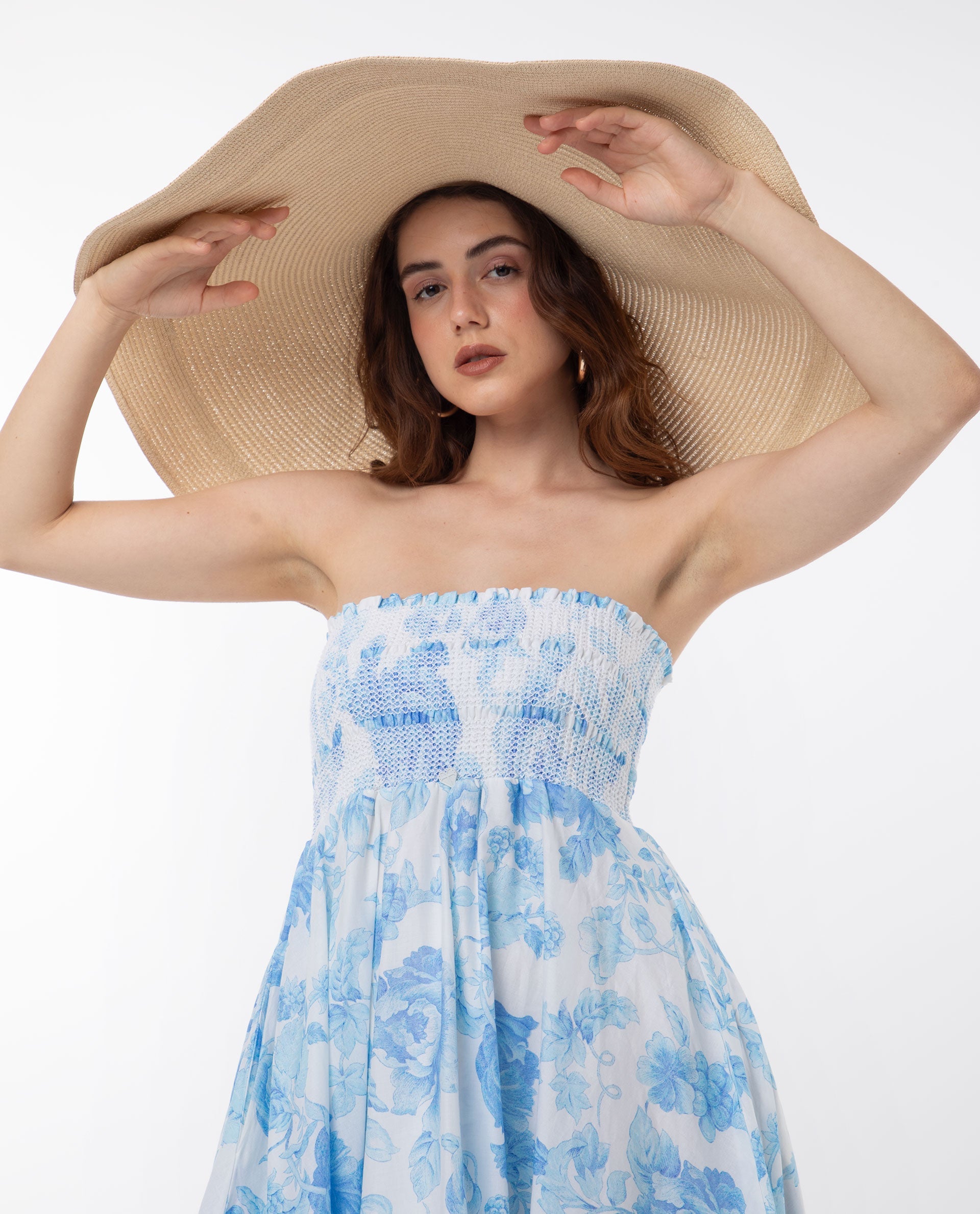 Rareism Women Rosen Light Blue Cotton Fabric Sleeveless Tube Neck Shoulder Straps Fit And Flare Floral Print Maxi Empire Dress