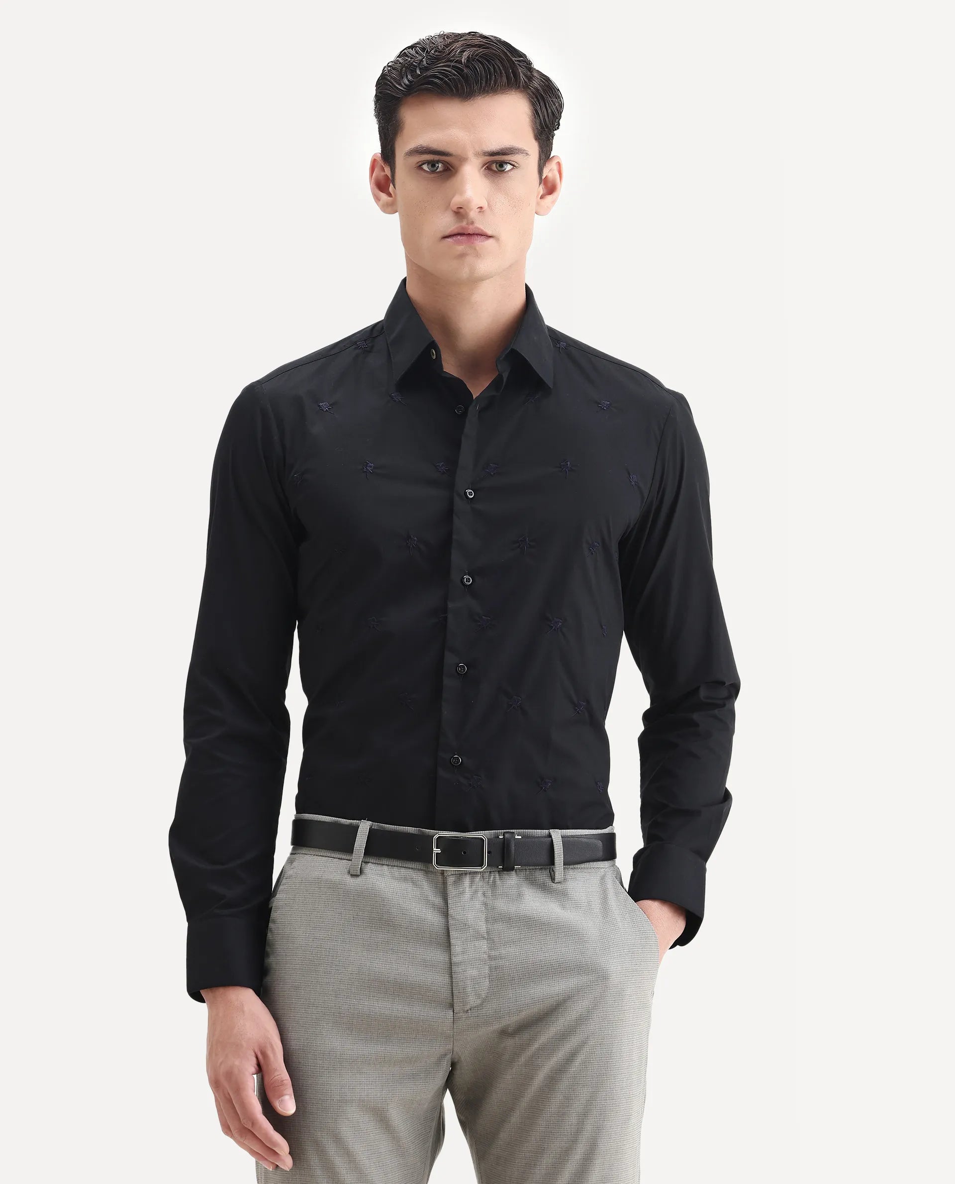 Rare Rabbit Men's Roser Black Cotton Embroidered Regular Fit Full Sleeve Collared Shirt