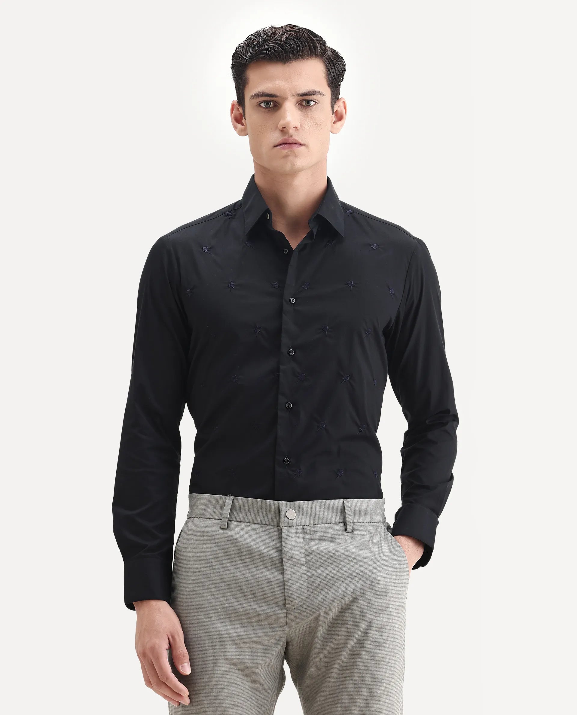 Rare Rabbit Men's Roser Black Cotton Embroidered Regular Fit Full Sleeve Collared Shirt