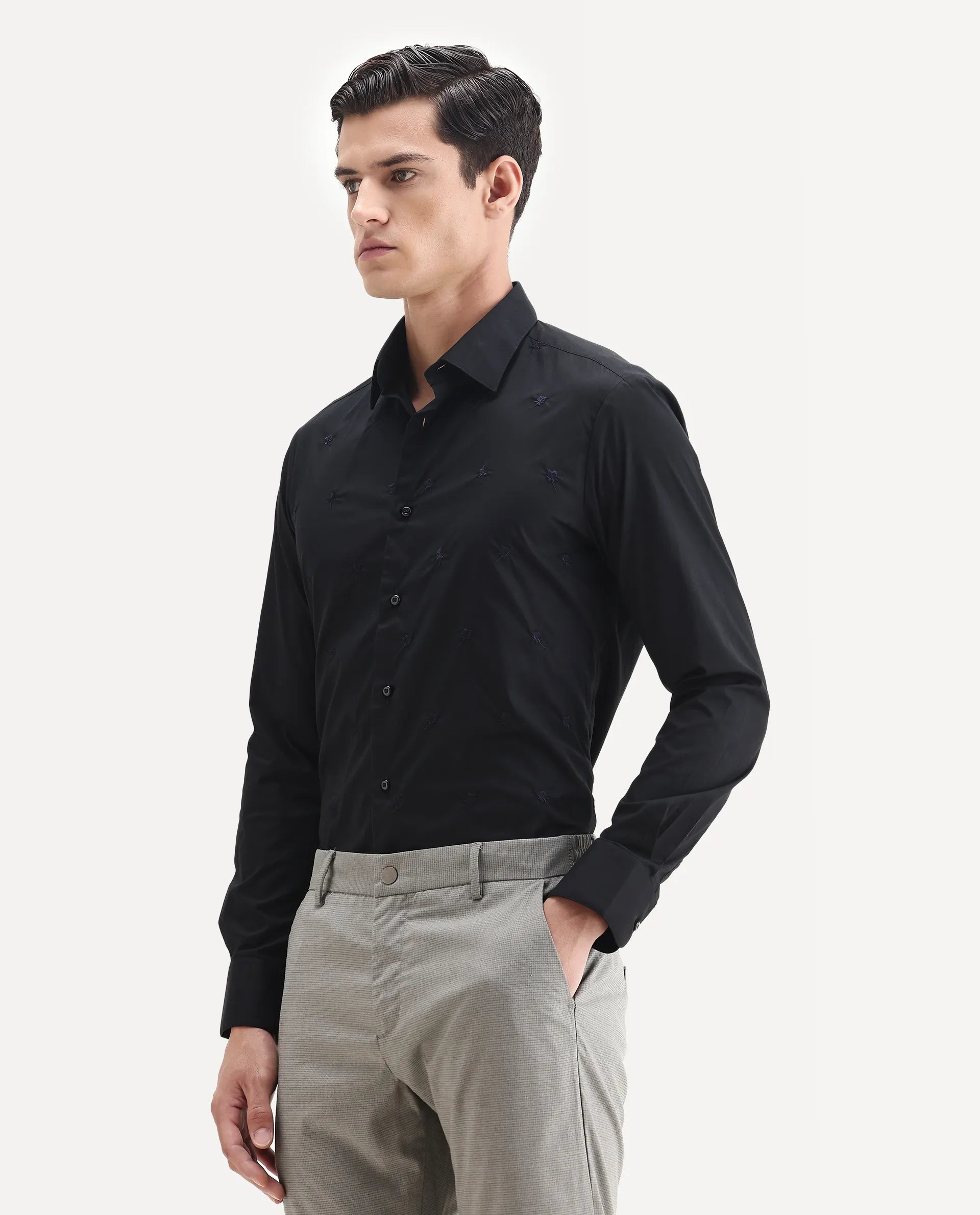 Rare Rabbit Men's Roser Black Cotton Embroidered Regular Fit Full Sleeve Collared Shirt