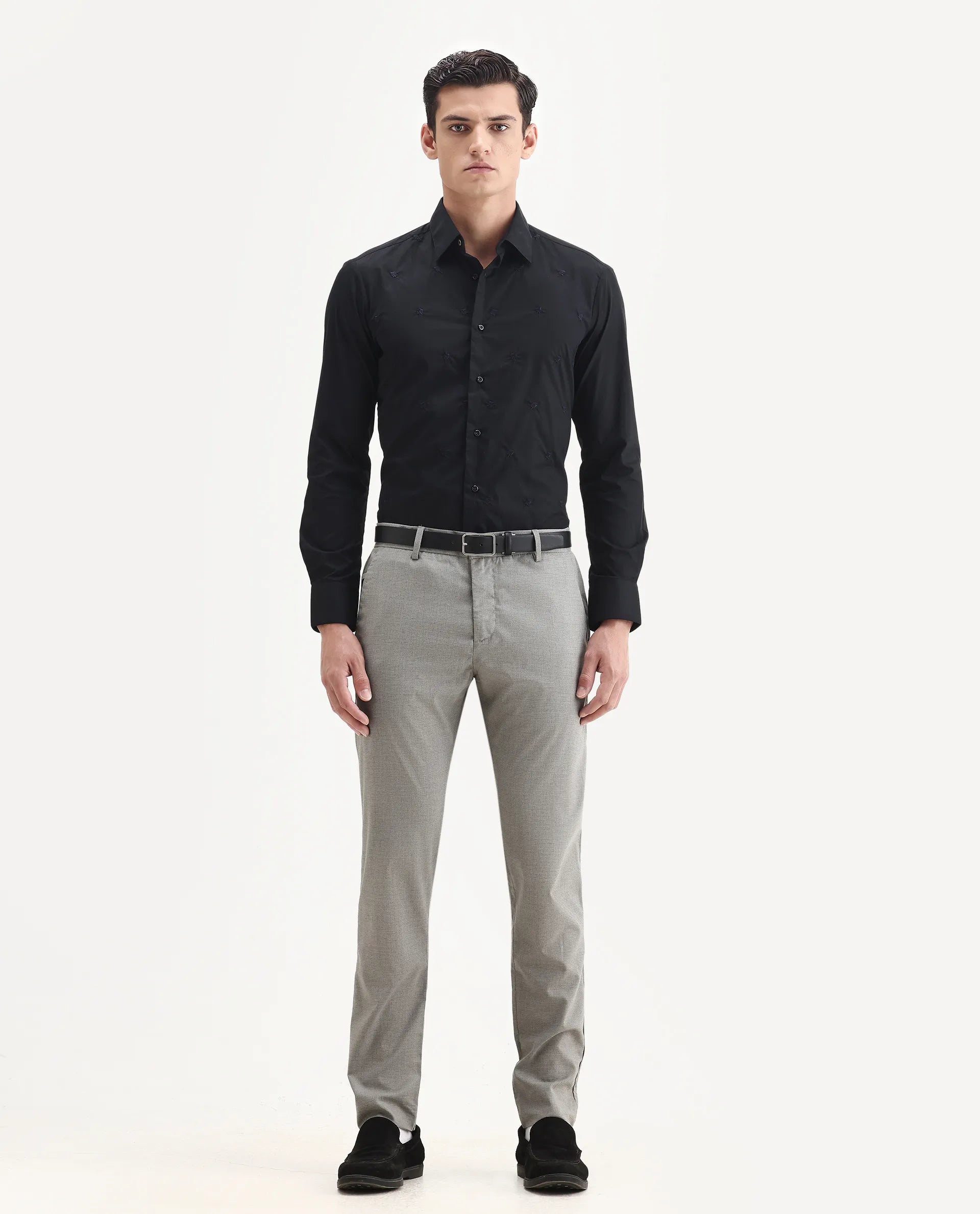 Rare Rabbit Men's Roser Black Cotton Embroidered Regular Fit Full Sleeve Collared Shirt