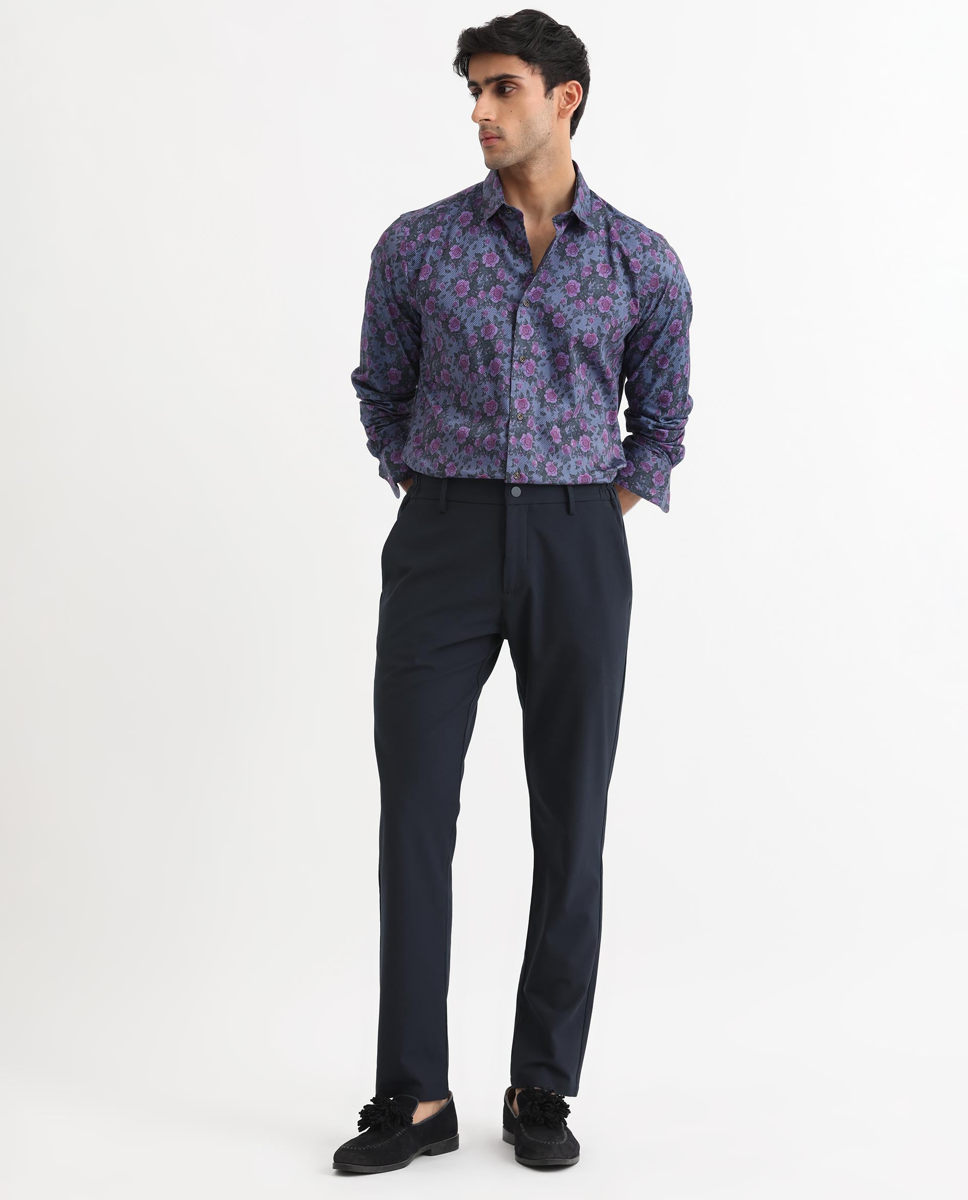 Rare Rabbit Men's Rosess Blue Twill Fabric Floral Print Full Sleeves Shirt