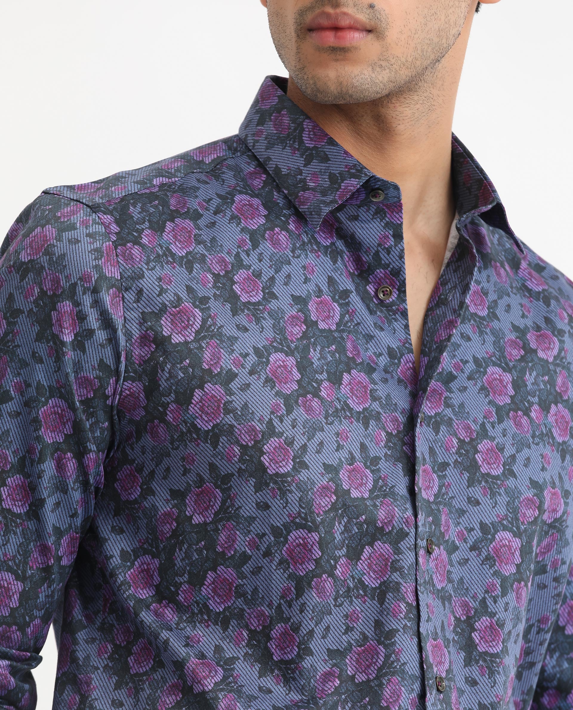 Rare Rabbit Men's Rosess Blue Twill Fabric Floral Print Full Sleeves Shirt