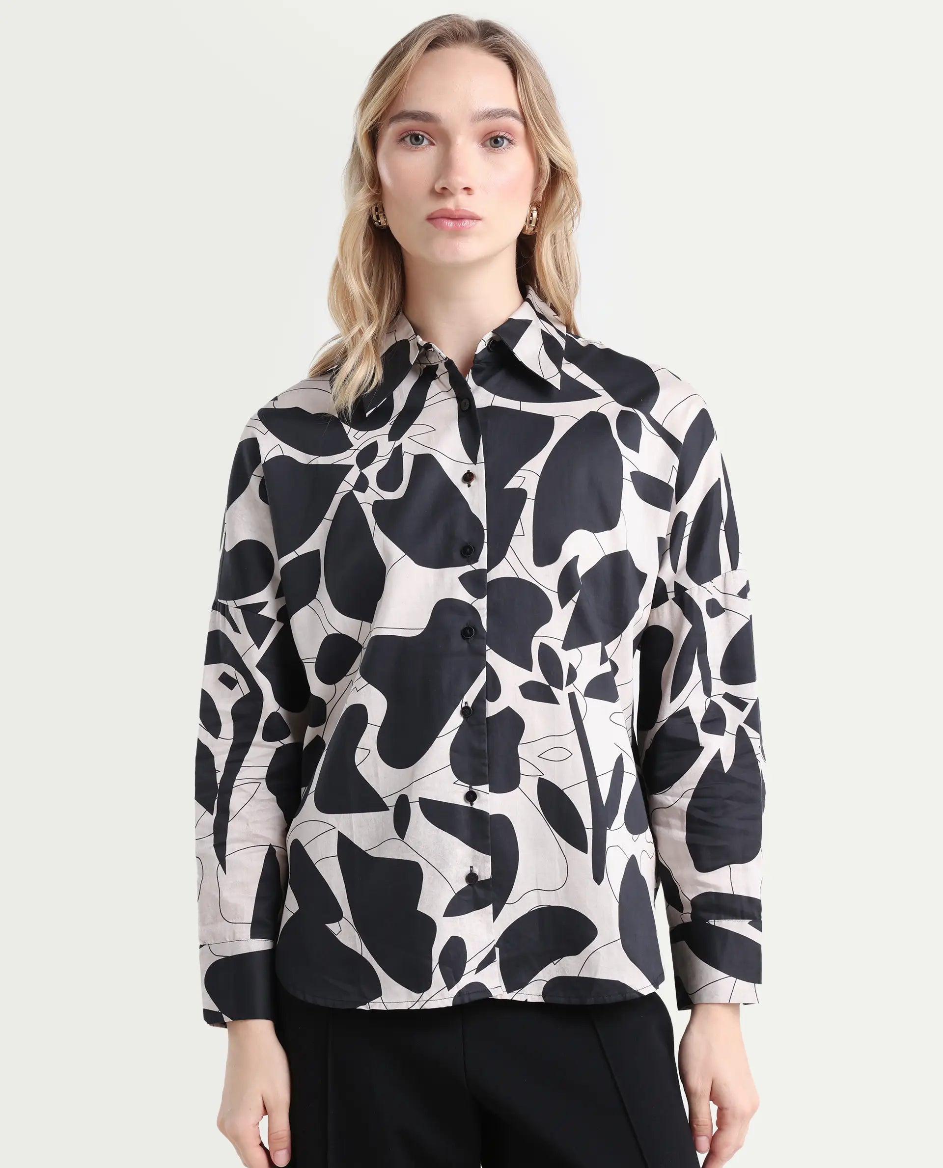 Rareism Women's Spread Collar Floral Print Cuffed Sleeve Relaxed Fit Top