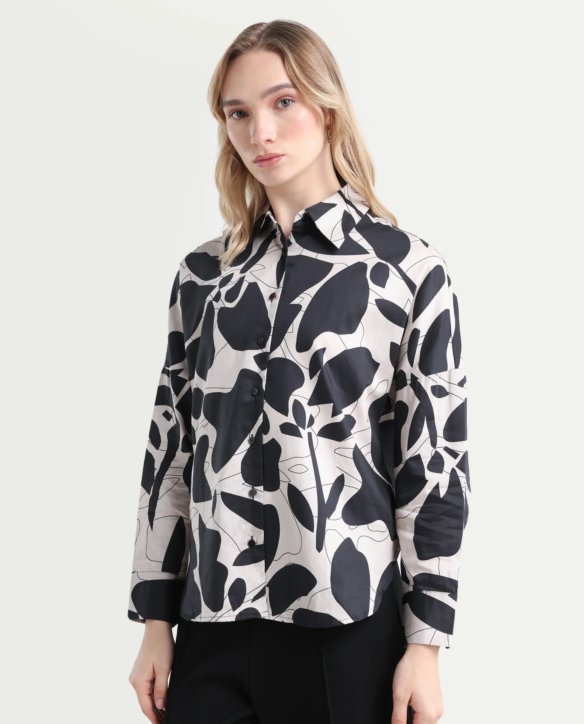 Rareism Women's Spread Collar Floral Print Cuffed Sleeve Relaxed Fit Top