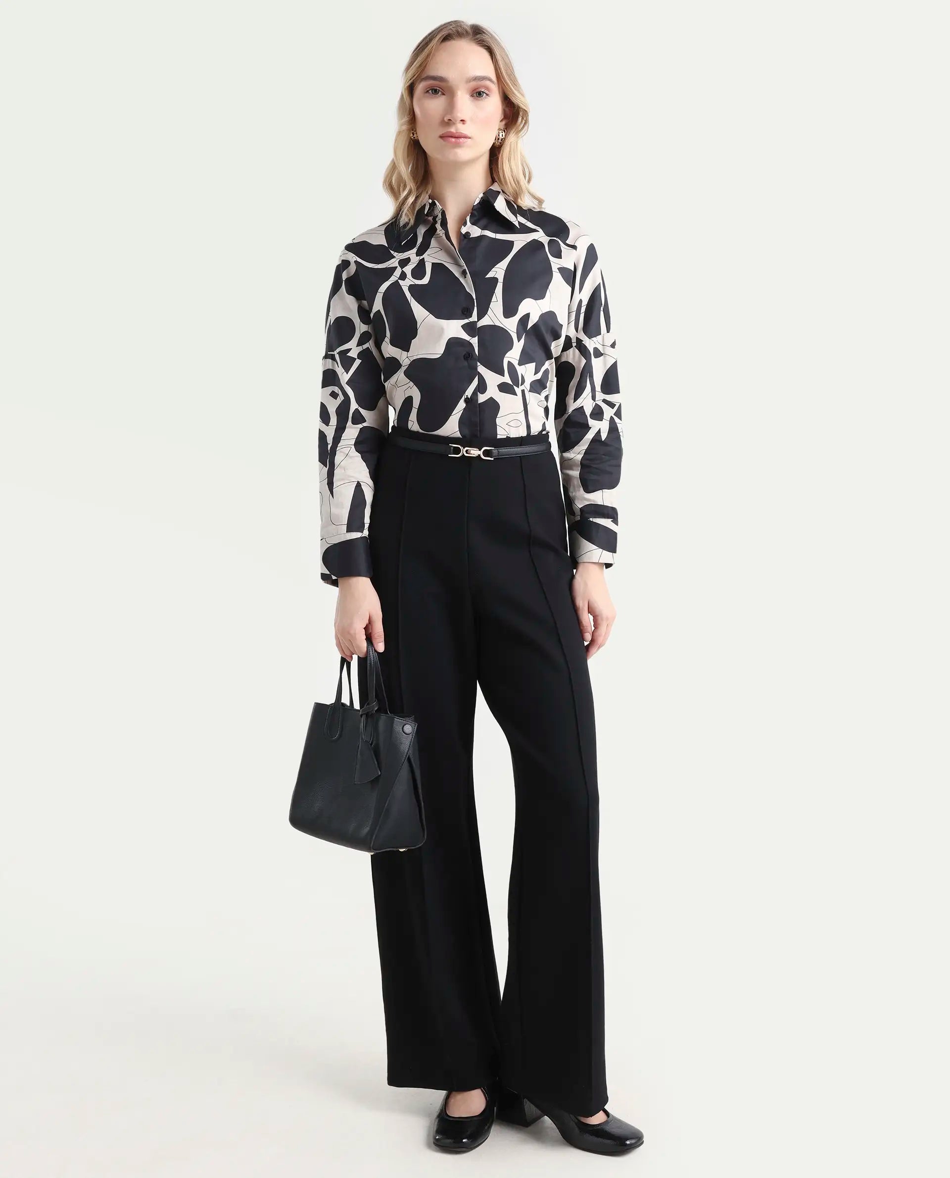 Rareism Women's Spread Collar Floral Print Cuffed Sleeve Relaxed Fit Top