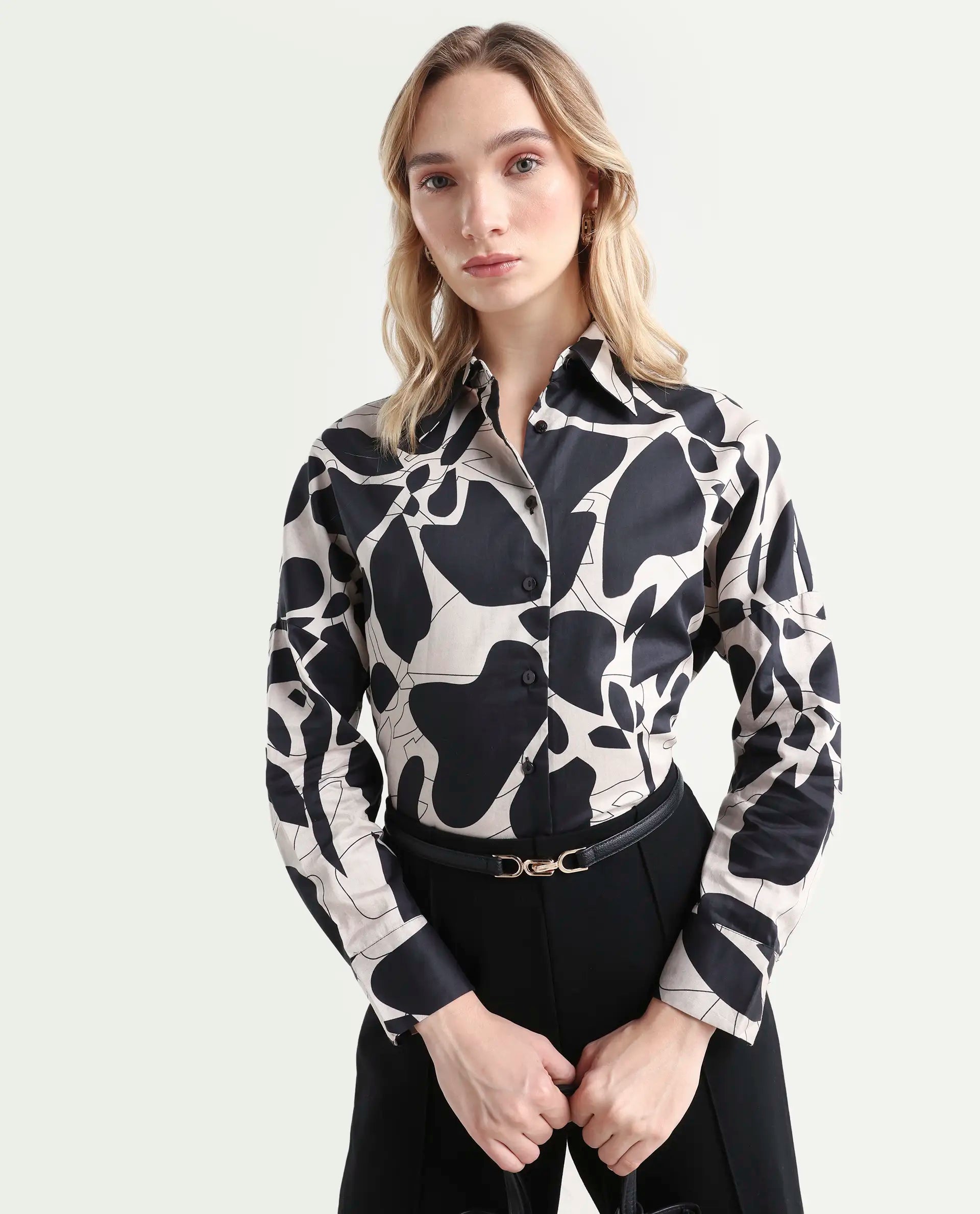 Rareism Women's Spread Collar Floral Print Cuffed Sleeve Relaxed Fit Top