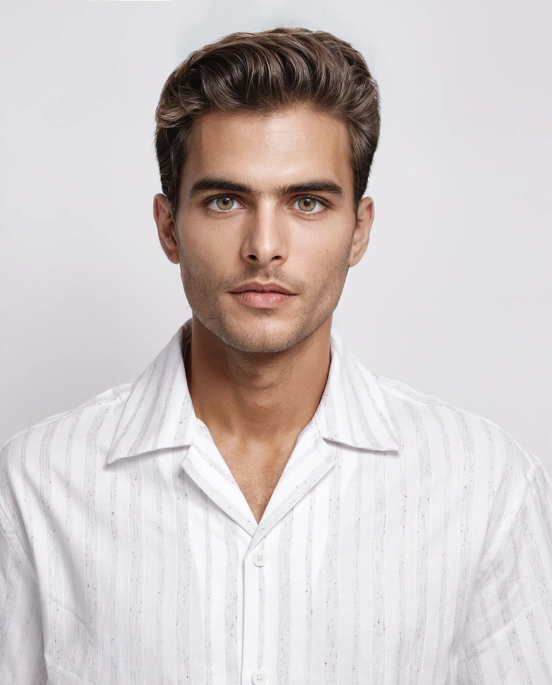 Rare Rabbit Men's Roshi White Cotton Striped Print Relaxed Fit Half Sleeve Cuban Collar Shirt