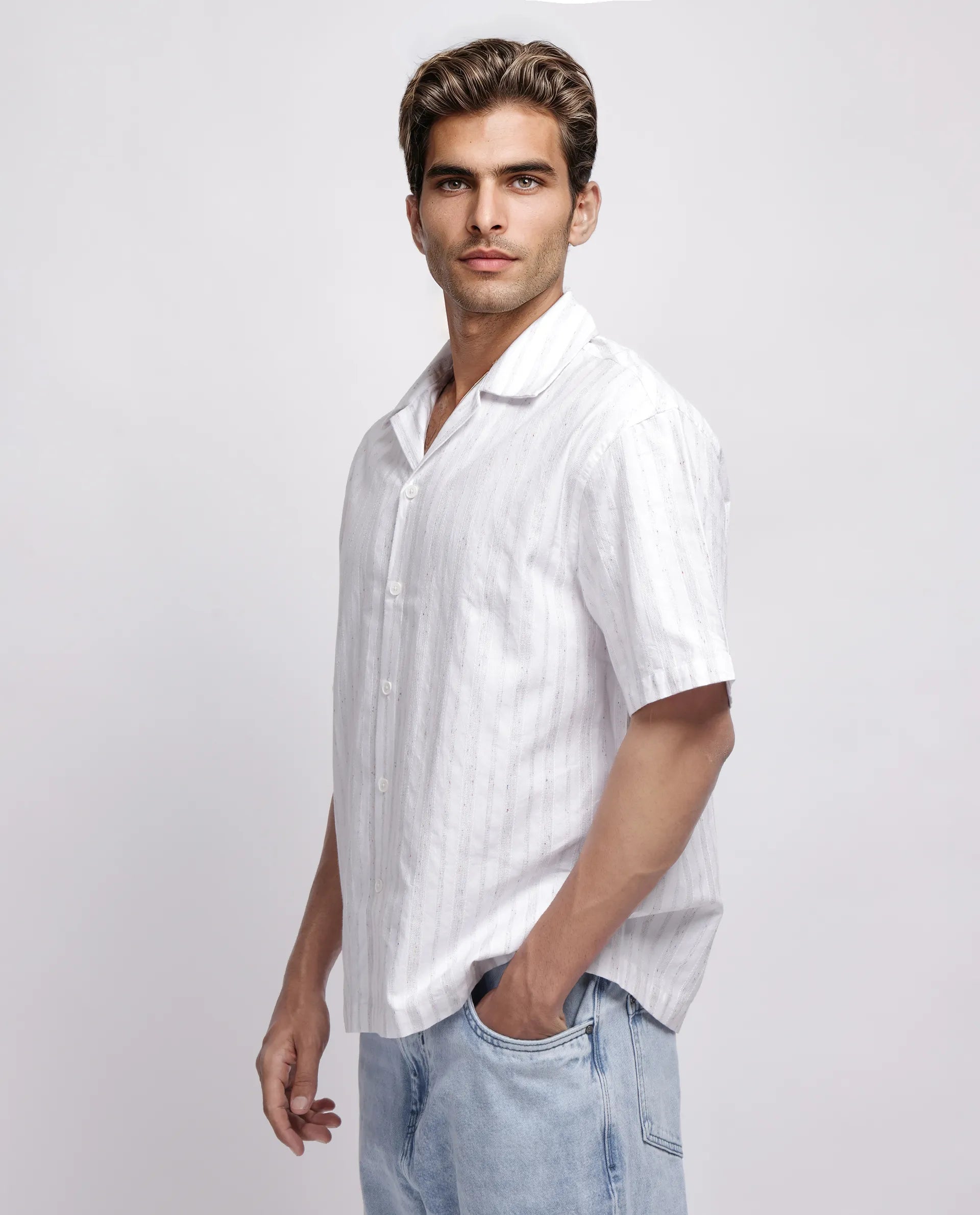 Rare Rabbit Men's Roshi White Cotton Striped Print Relaxed Fit Half Sleeve Cuban Collar Shirt